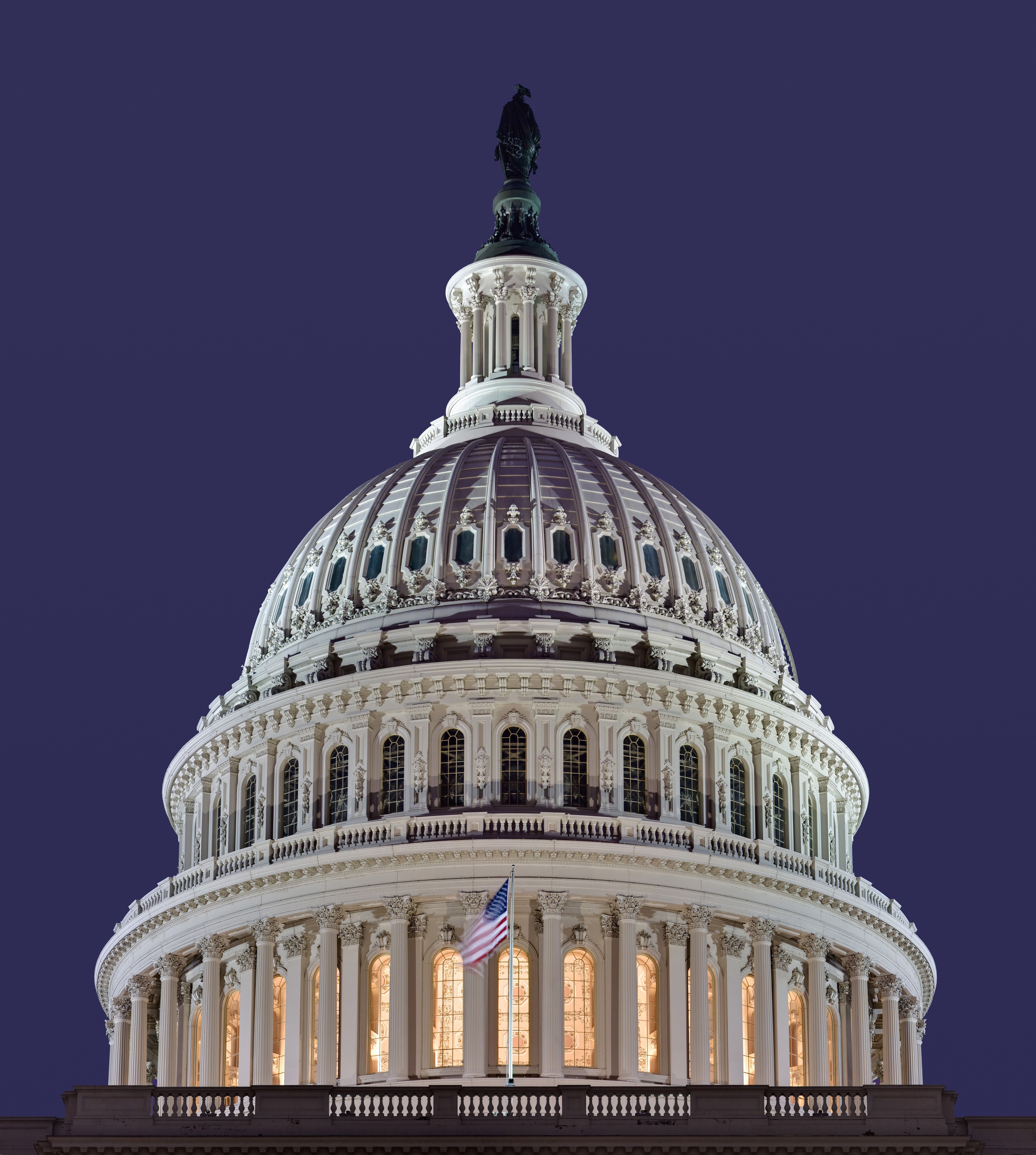 Close view of the cast-iron dome of the United States Capitol.