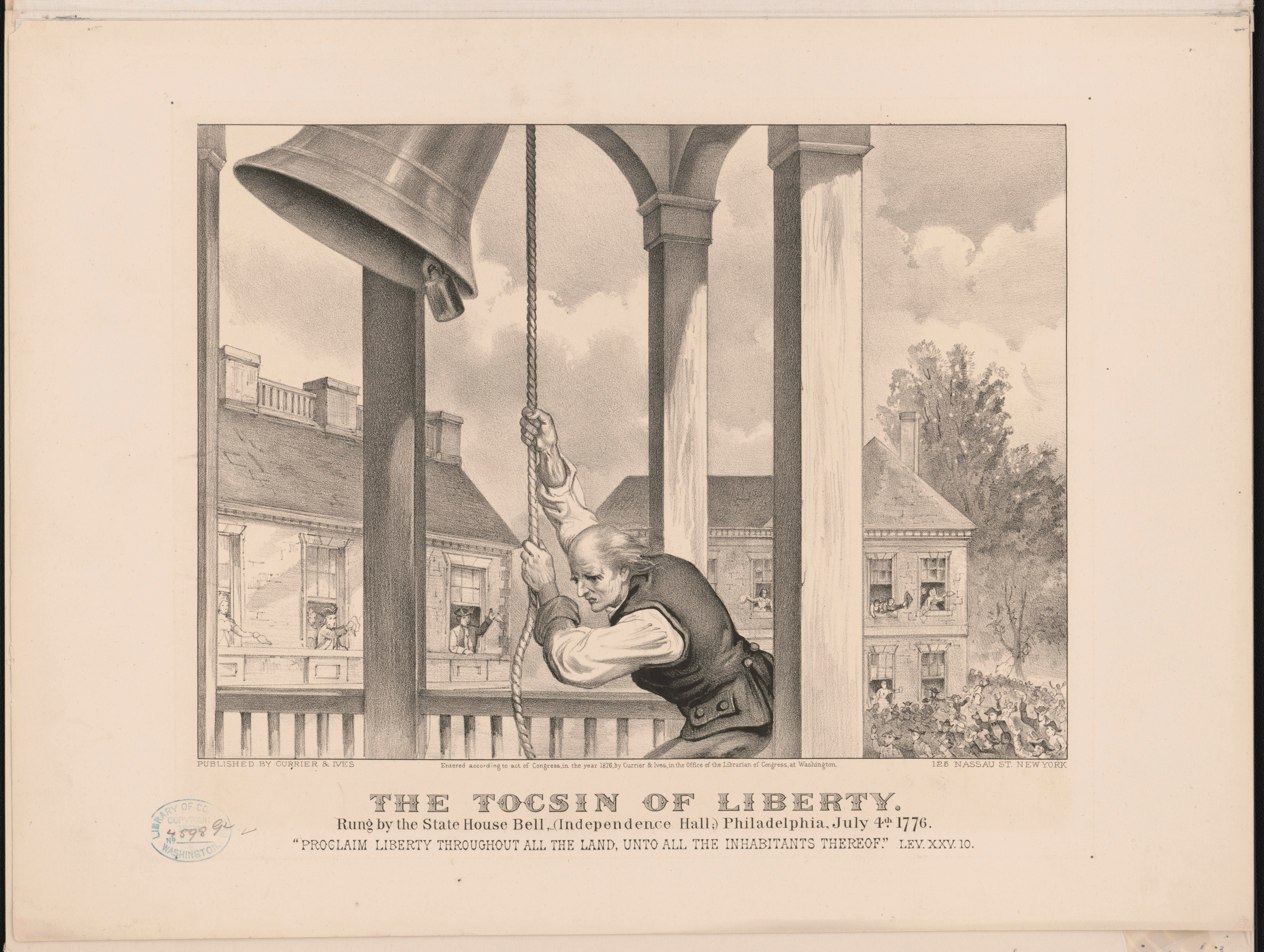 A print depicting the State House bell rung on July 4, 1776.