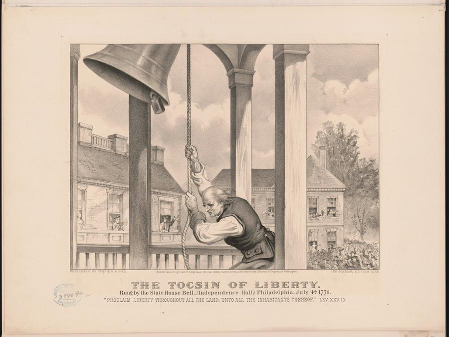 A print depicting the State House bell rung on July 4, 1776.