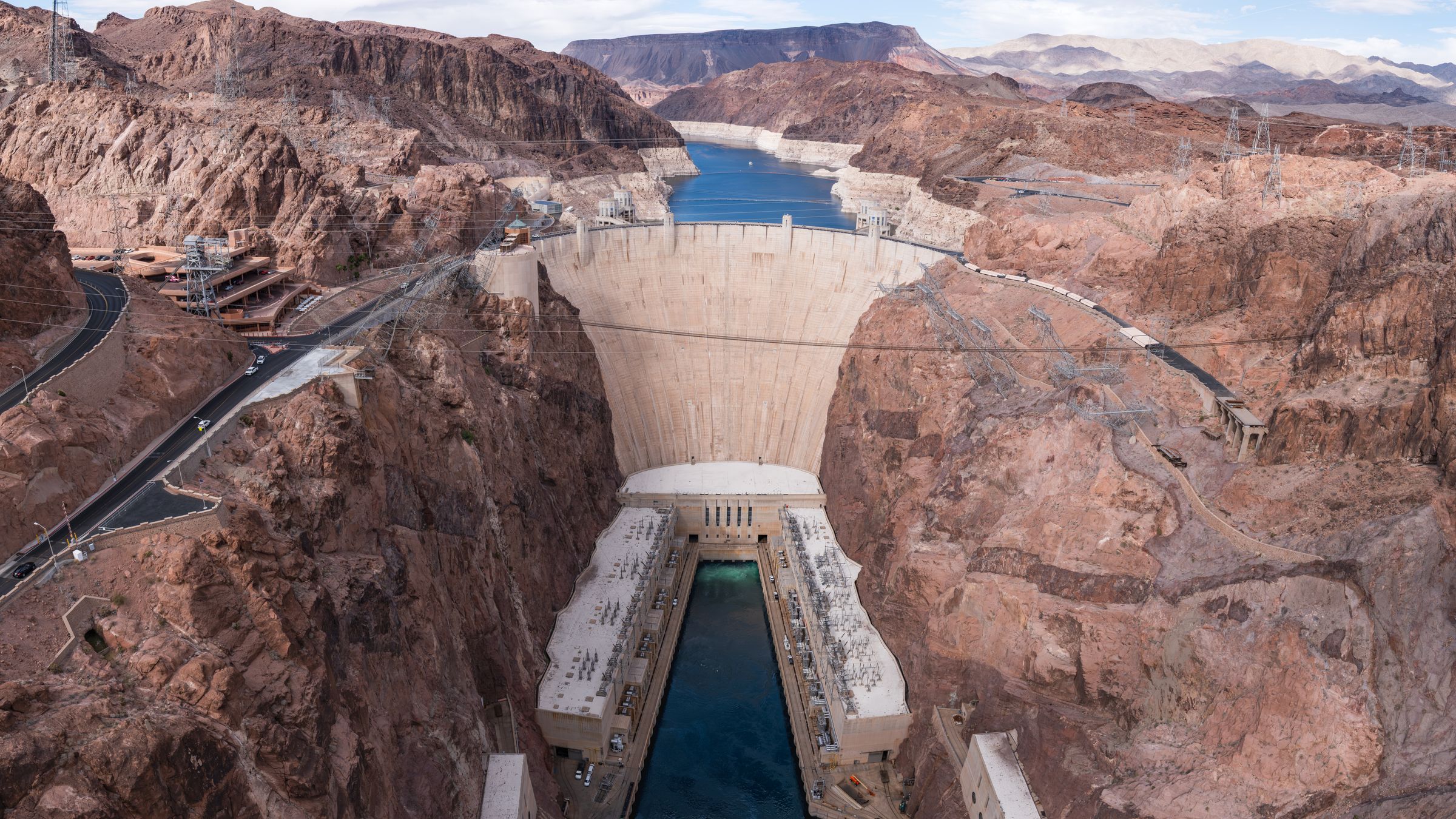 Hoover Dam in Black Canyon, seen from the memorial bridge.
