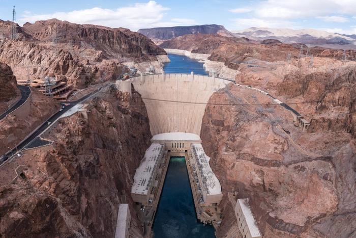 Hoover Dam in Black Canyon, seen from the memorial bridge.