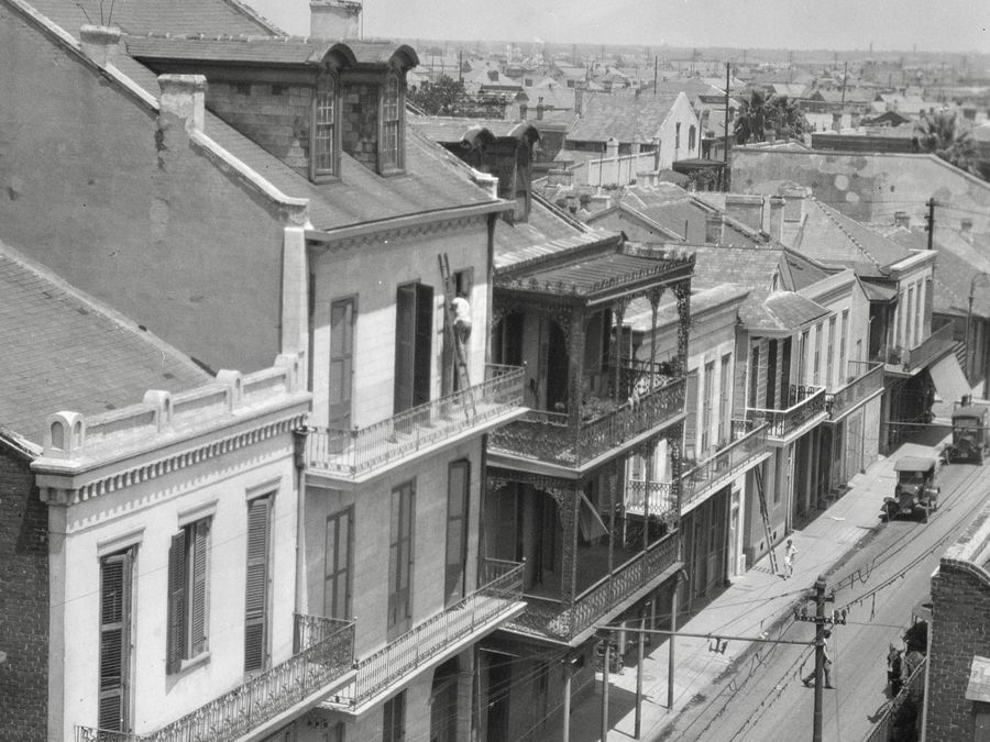 A 1920s photograph of Royal Street in the French Quarter.