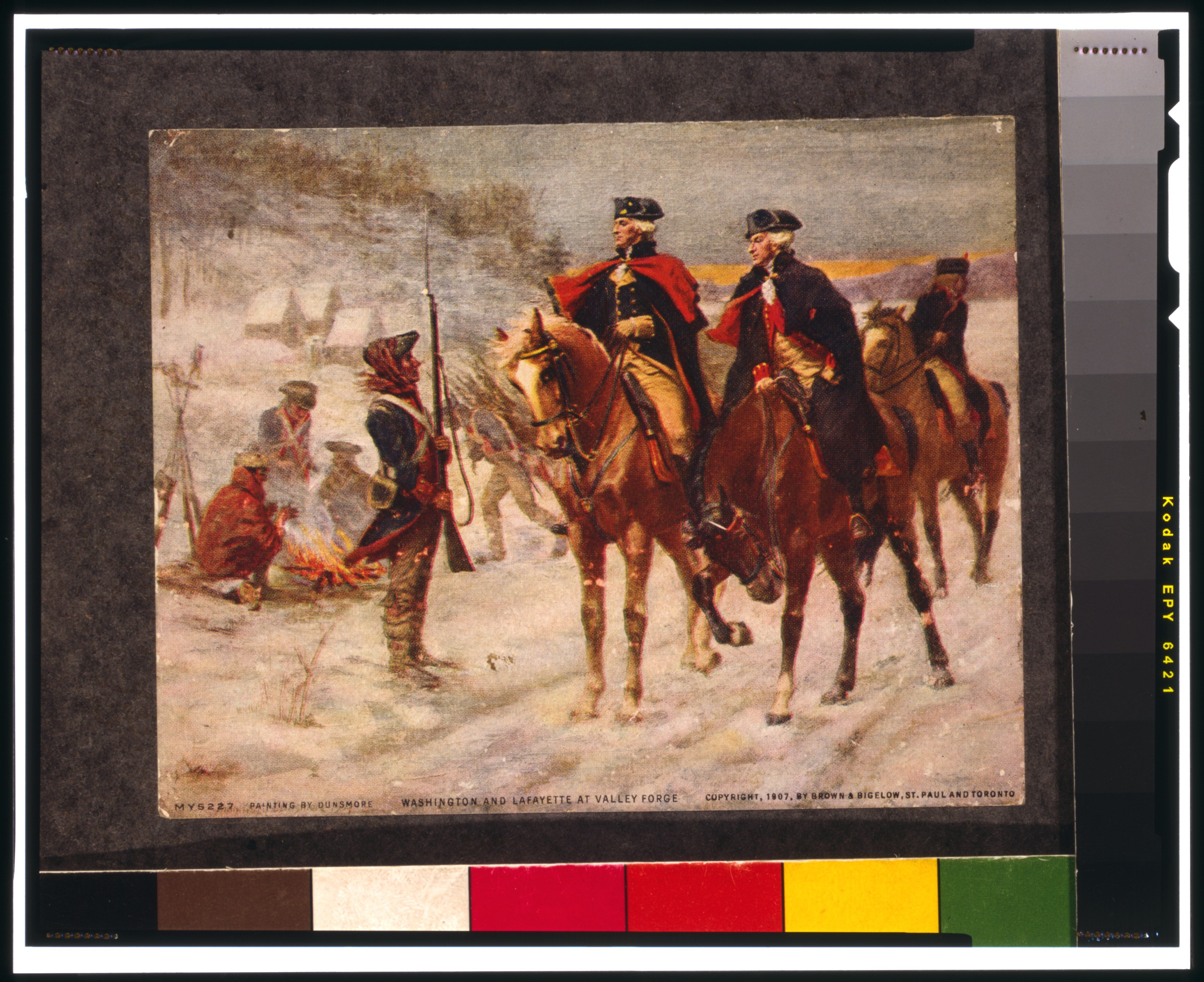 A painting of Washington and Lafayette reviewing troops at Valley Forge.