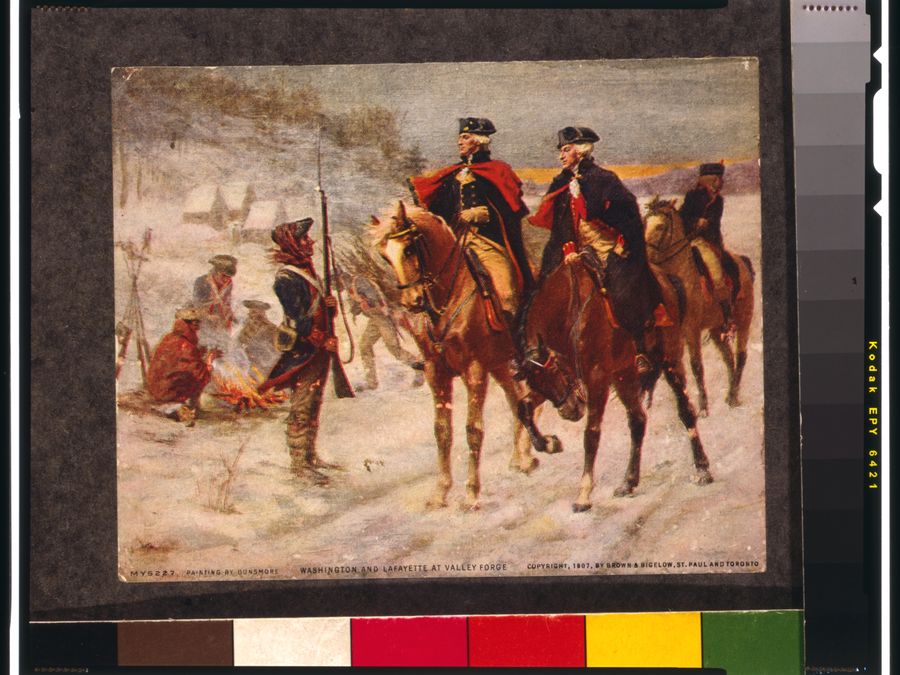 A painting of Washington and Lafayette reviewing troops at Valley Forge.