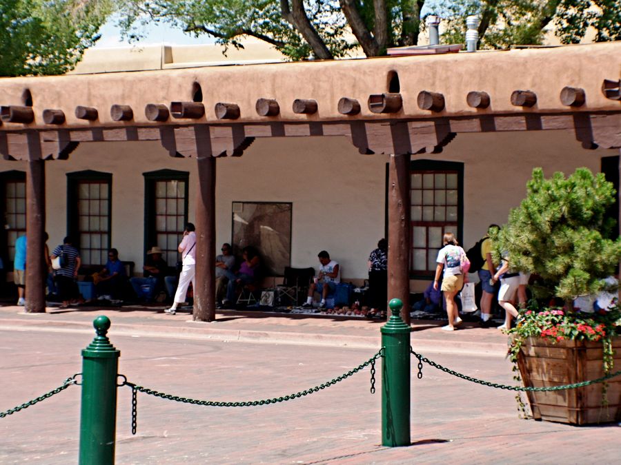A view of the Palace of the Governors facade in Santa Fe, New Mexico.