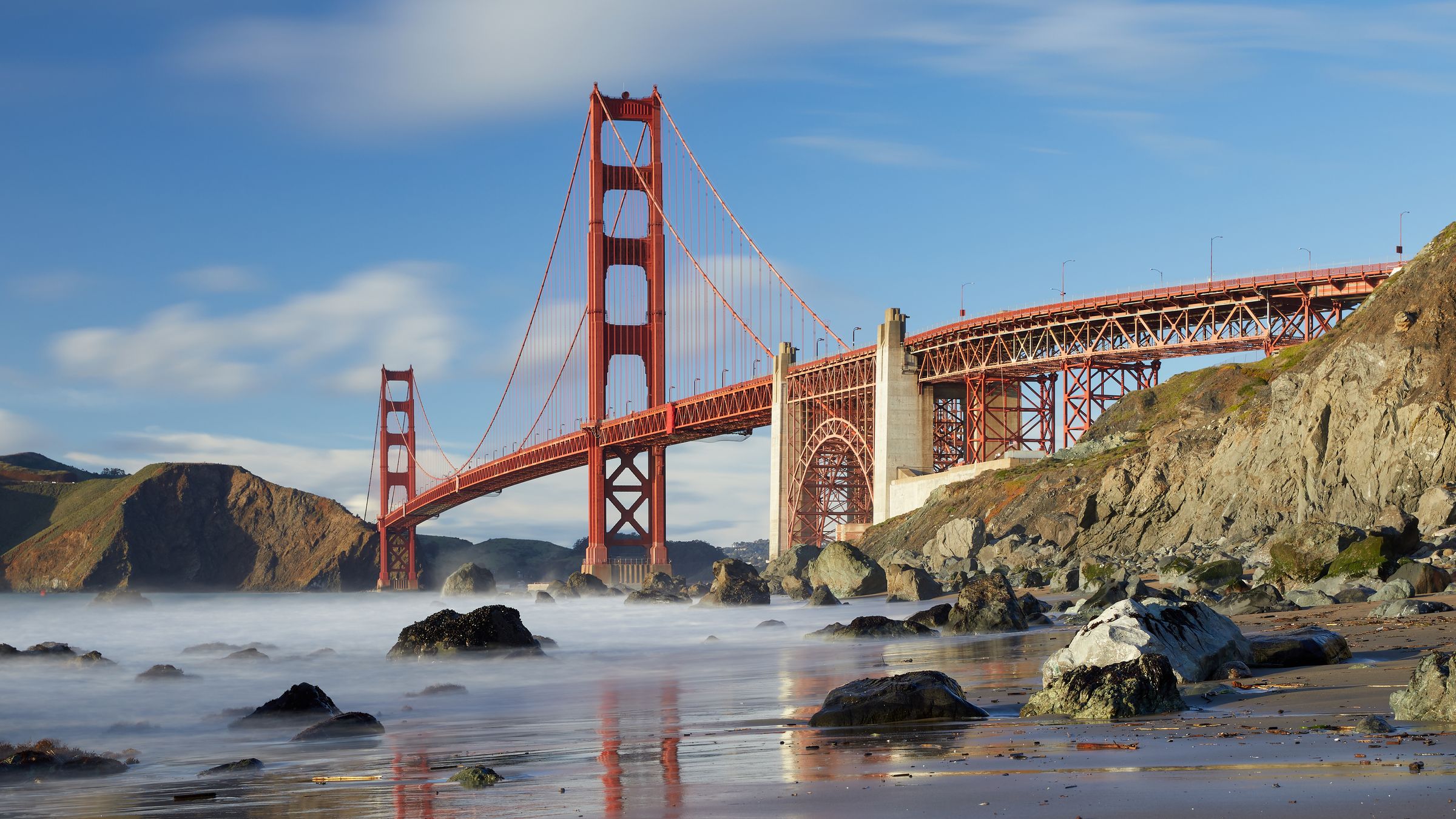 The Golden Gate Bridge seen from Marshall's Beach in the Presidio.