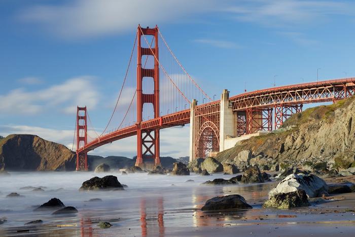 The Golden Gate Bridge seen from Marshall's Beach in the Presidio.