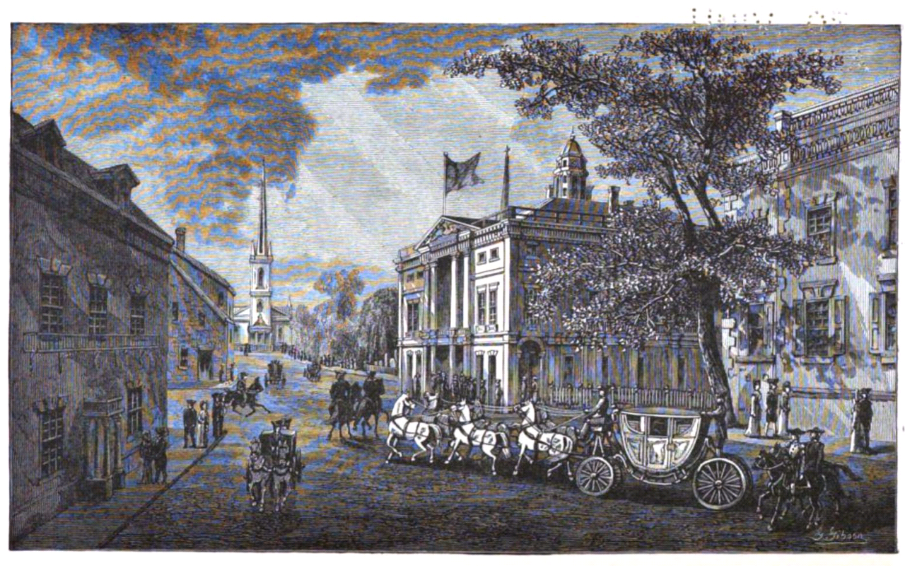 A historical illustration of the original 18th-century Federal Hall on Wall Street.