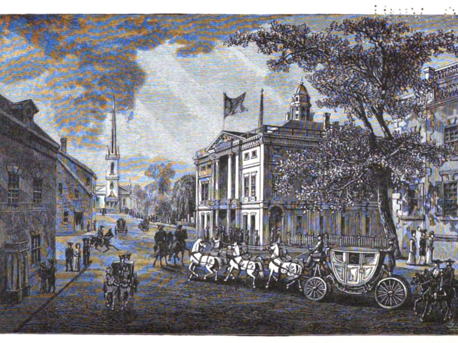 A historical illustration of the original 18th-century Federal Hall on Wall Street.