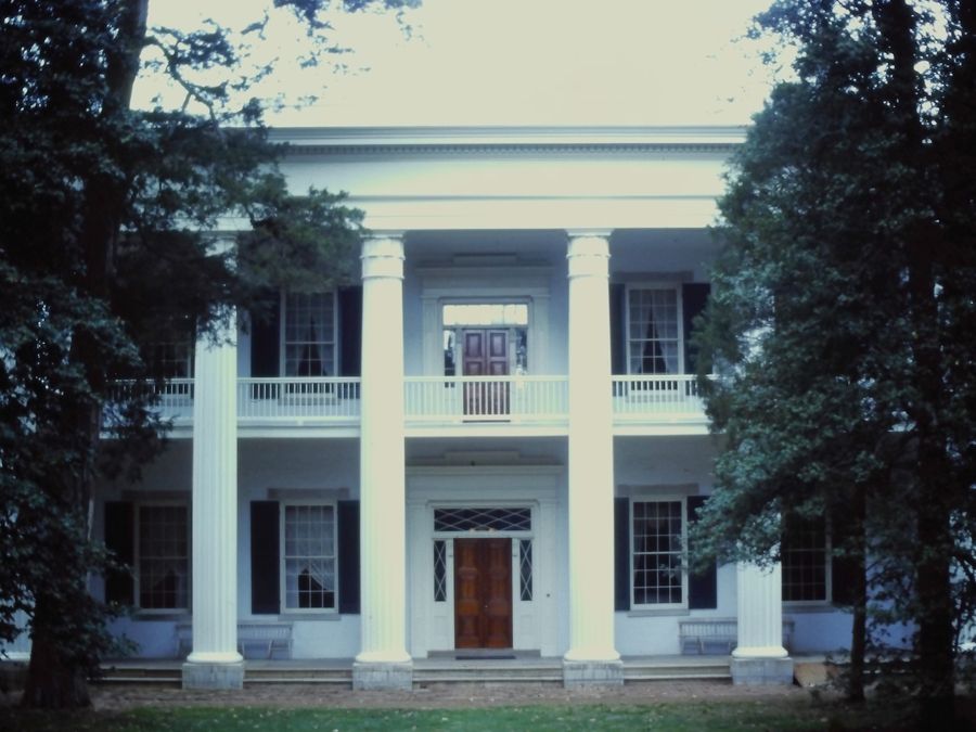 The Greek Revival columns of the Hermitage facade.