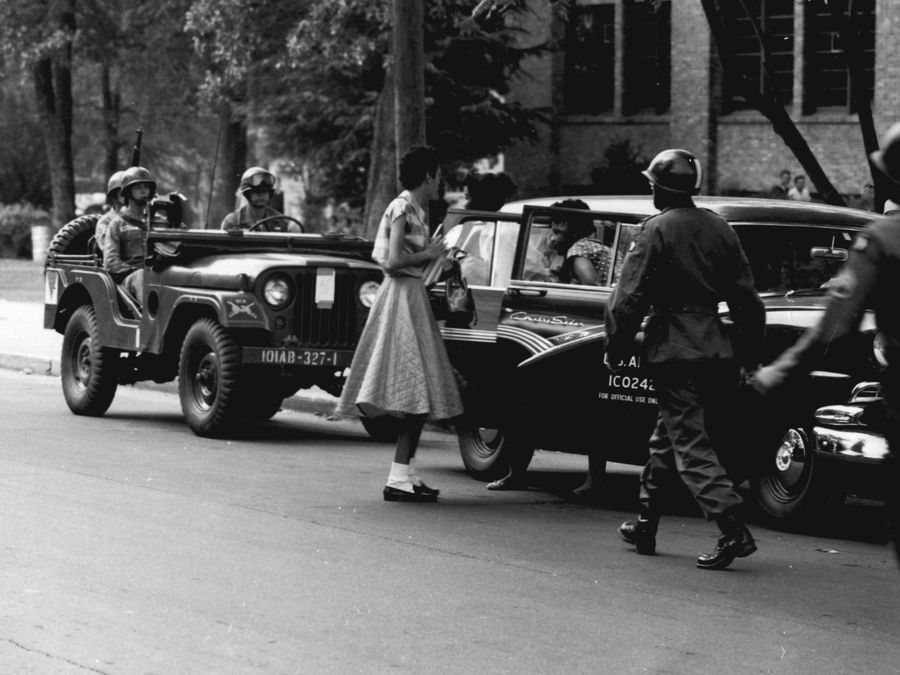 U.S. Army soldiers of the 101st Airborne escorting the Little Rock Nine in 1957.