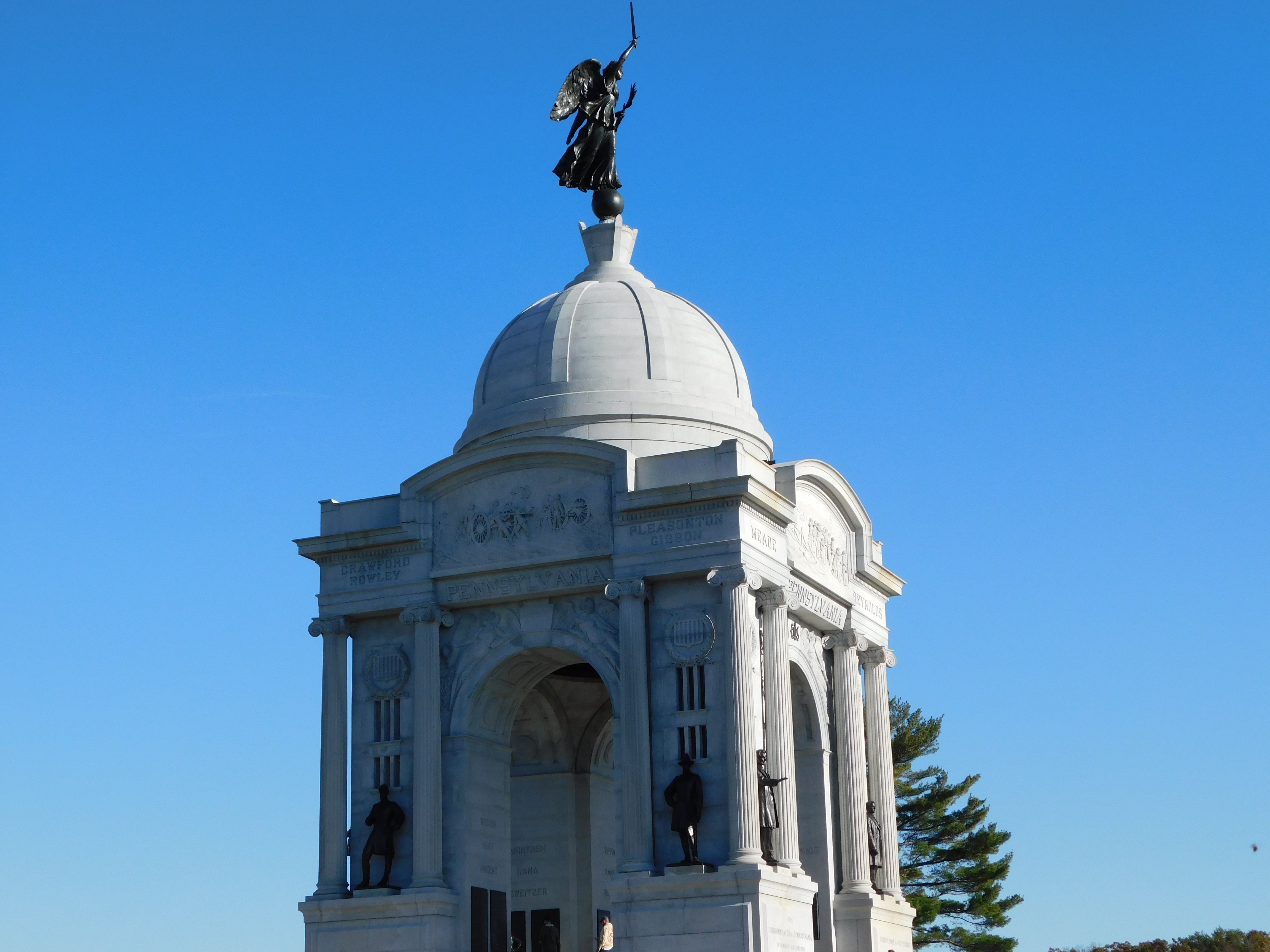 The domed Pennsylvania State Memorial rising above the open fields of Gettysburg National Military Park.