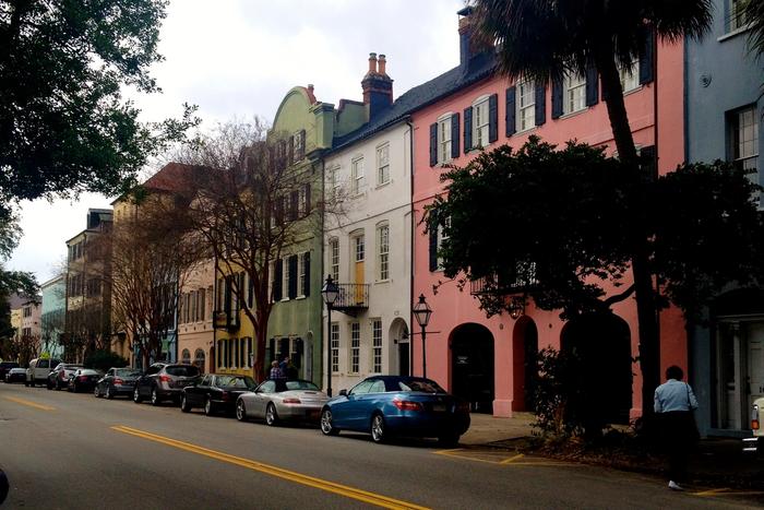 The pastel houses of Rainbow Row in Charleston.