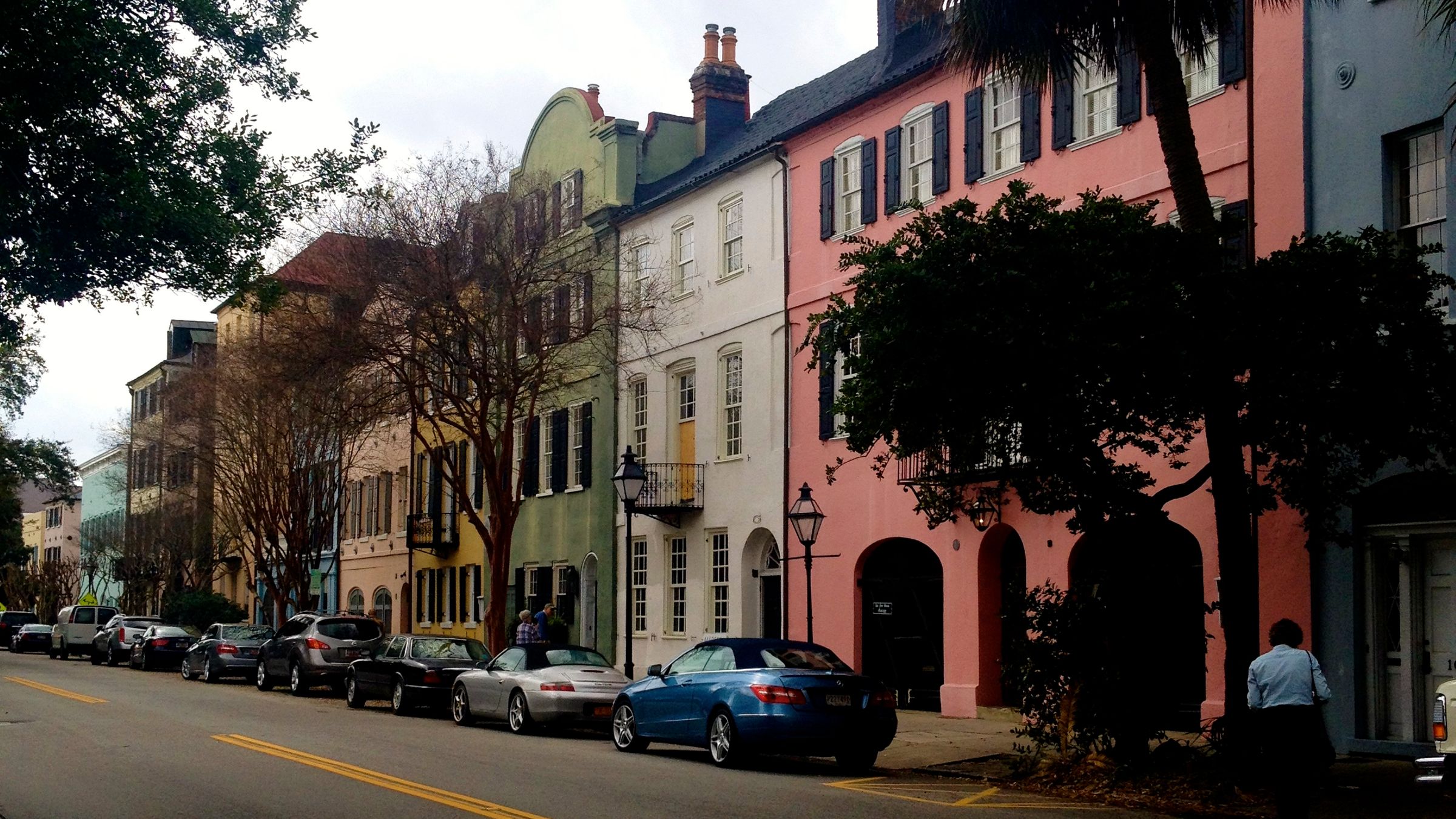 The pastel houses of Rainbow Row in Charleston.