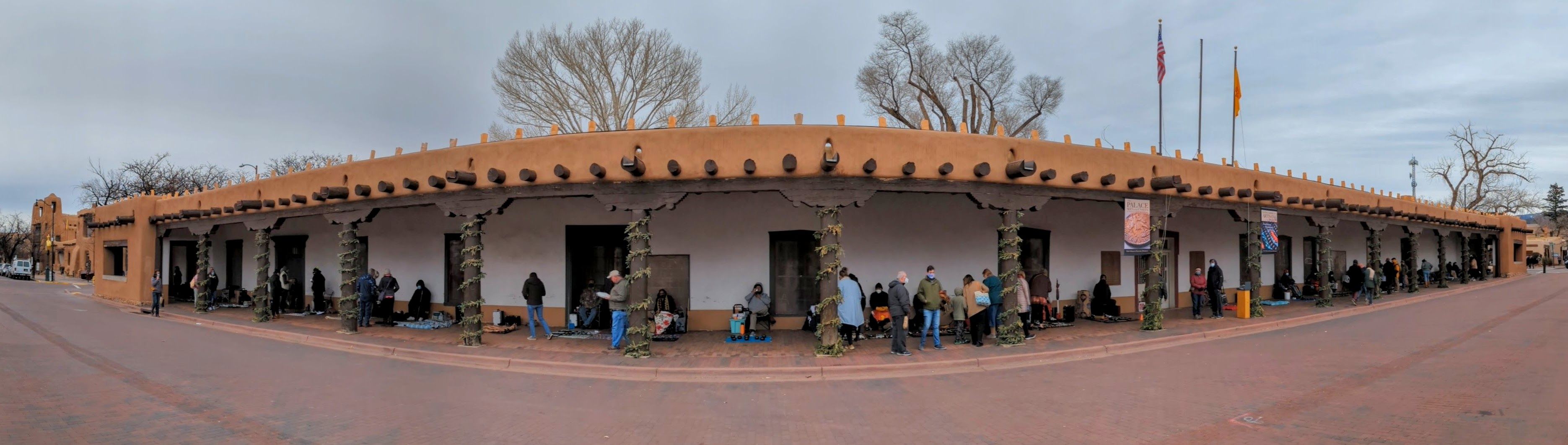The long adobe portal of the Palace of the Governors on the Santa Fe Plaza.