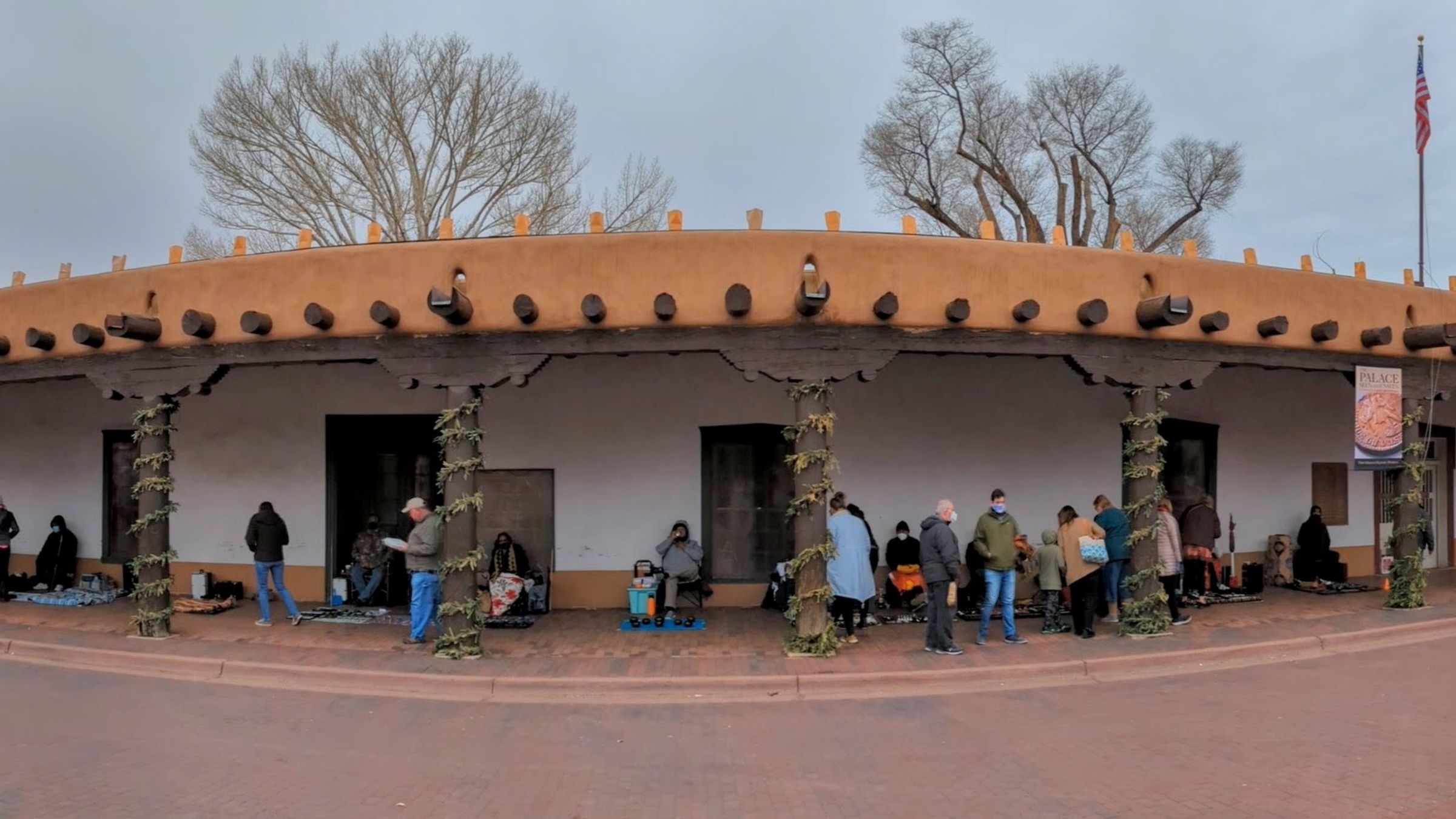 The long adobe portal of the Palace of the Governors on the Santa Fe Plaza.