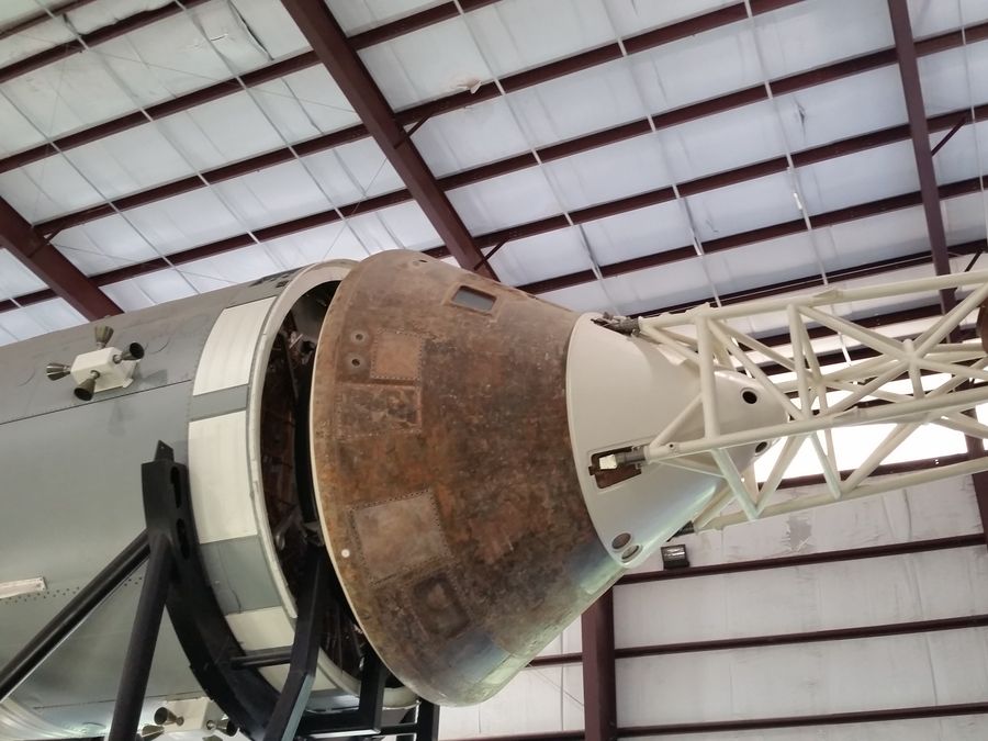 The Saturn V rocket and command module in Rocket Park at Space Center Houston.