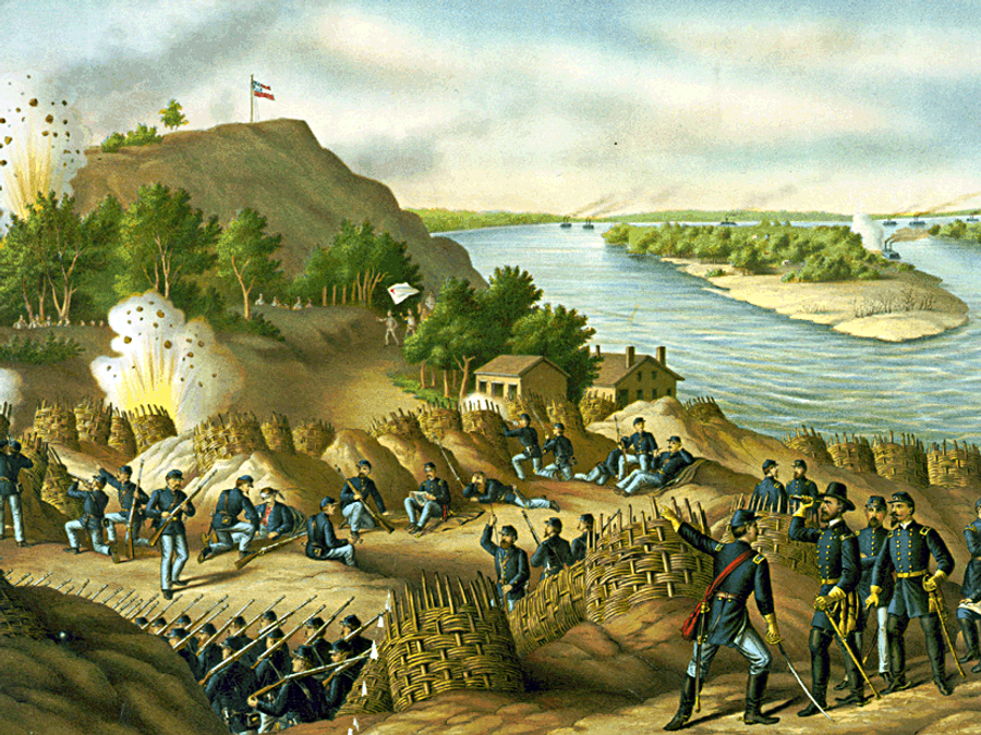 A Kurz and Allison lithograph depicting the Battle of Vicksburg.
