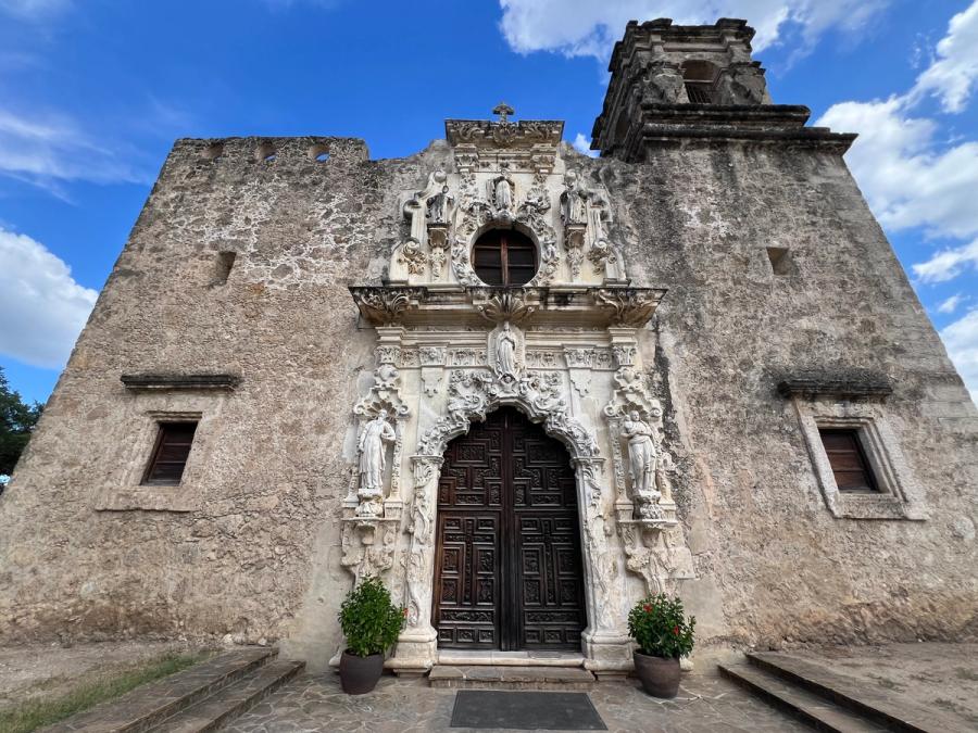 The carved main entrance of the Mission San Jose church.