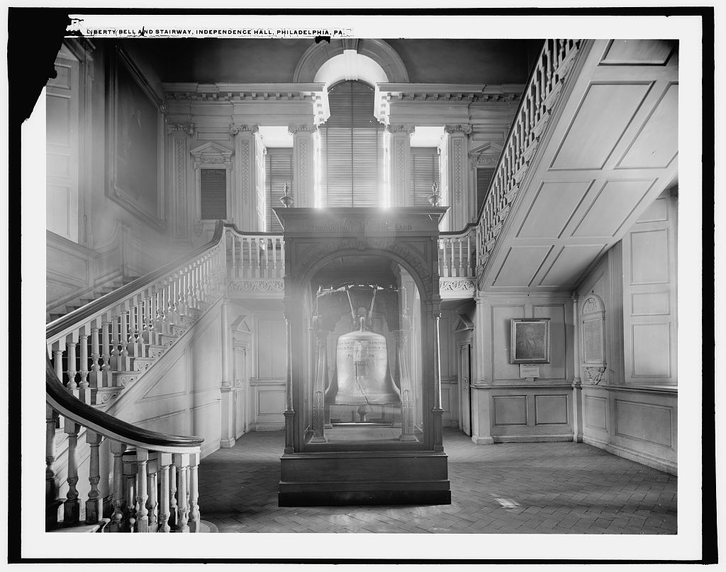 The Liberty Bell and stairway inside Independence Hall, c. 1905.