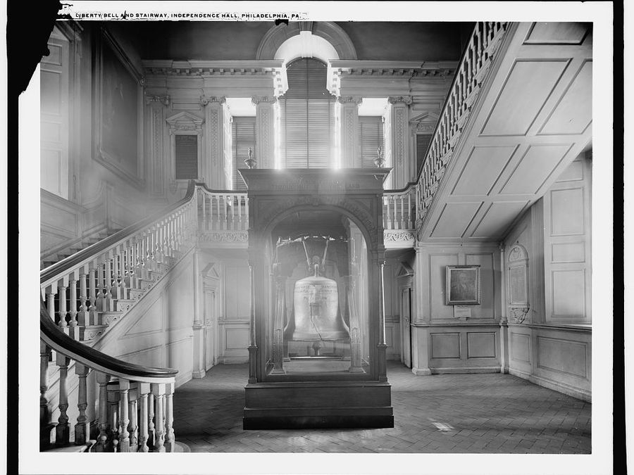 The Liberty Bell and stairway inside Independence Hall, c. 1905.
