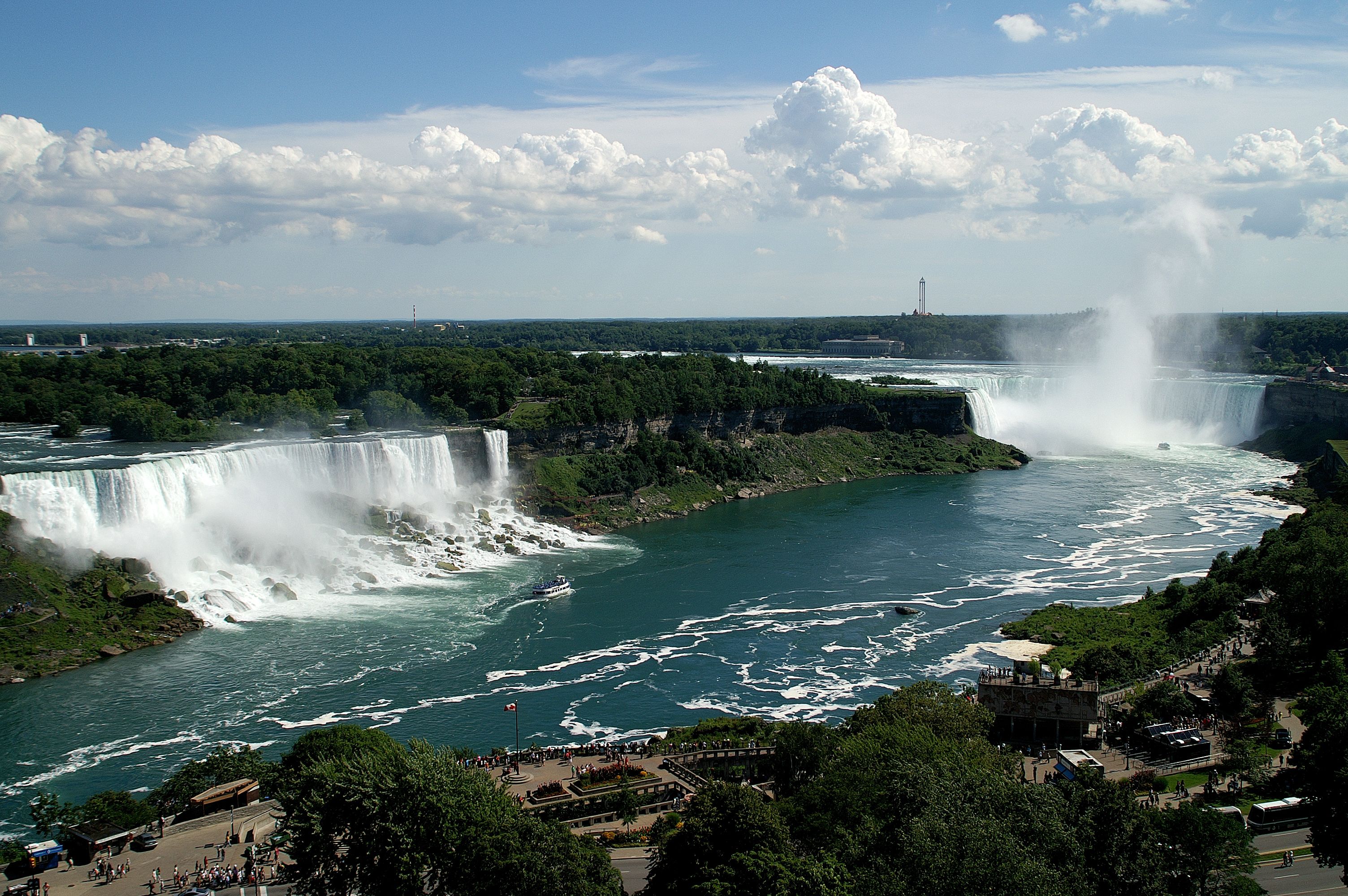 A wide view of the American, Bridal Veil, and Horseshoe Falls at Niagara.