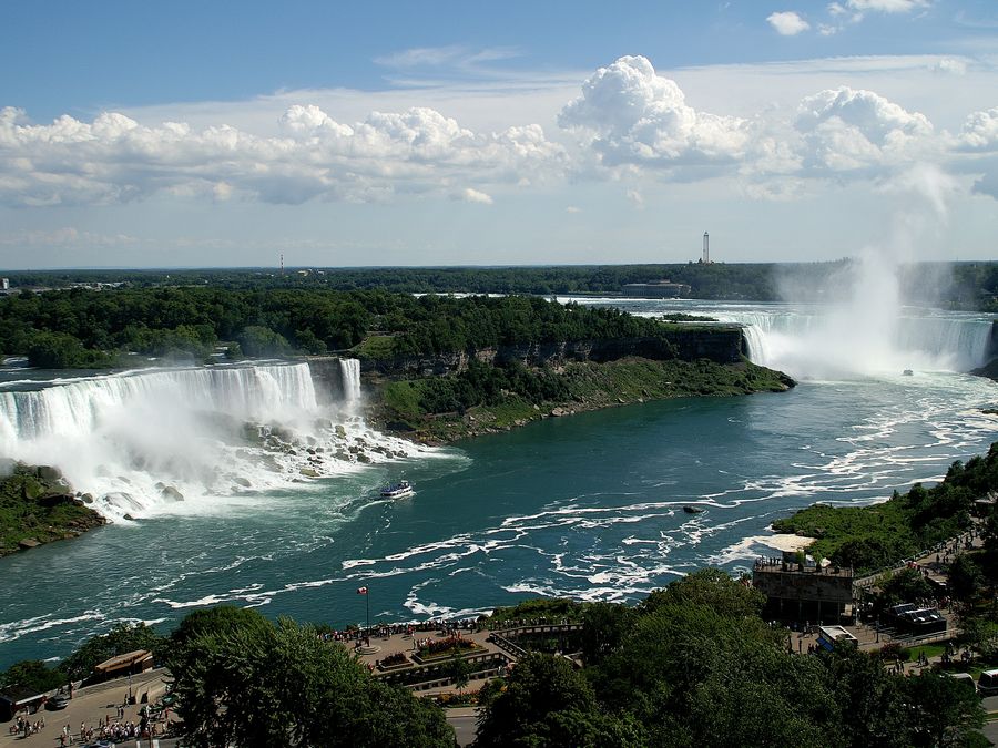 A wide view of the American, Bridal Veil, and Horseshoe Falls at Niagara.