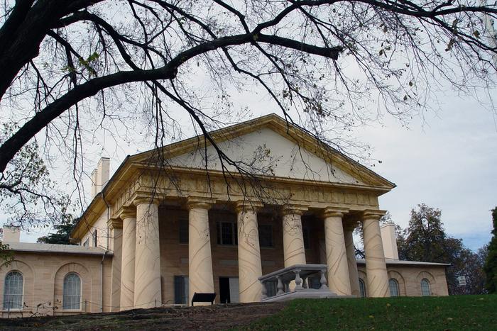 The front portico of Arlington House, overlooking Washington, D.C.
