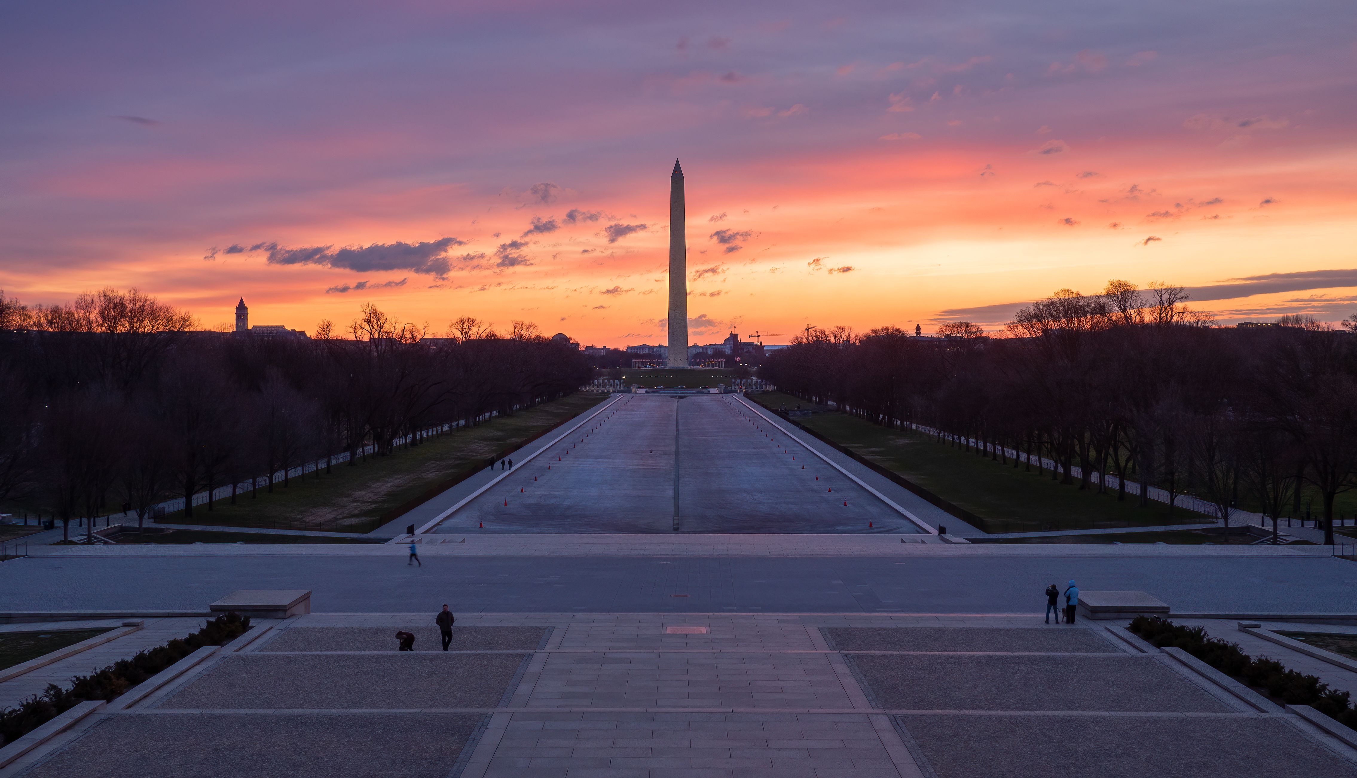 The Washington Monument at sunrise, seen from the Lincoln Memorial.