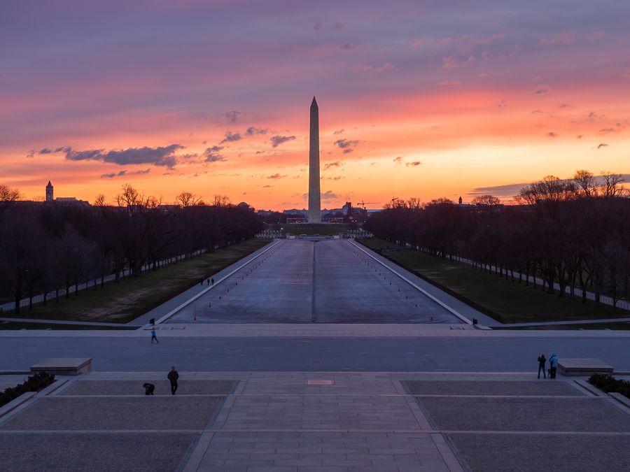 The Washington Monument at sunrise, seen from the Lincoln Memorial.