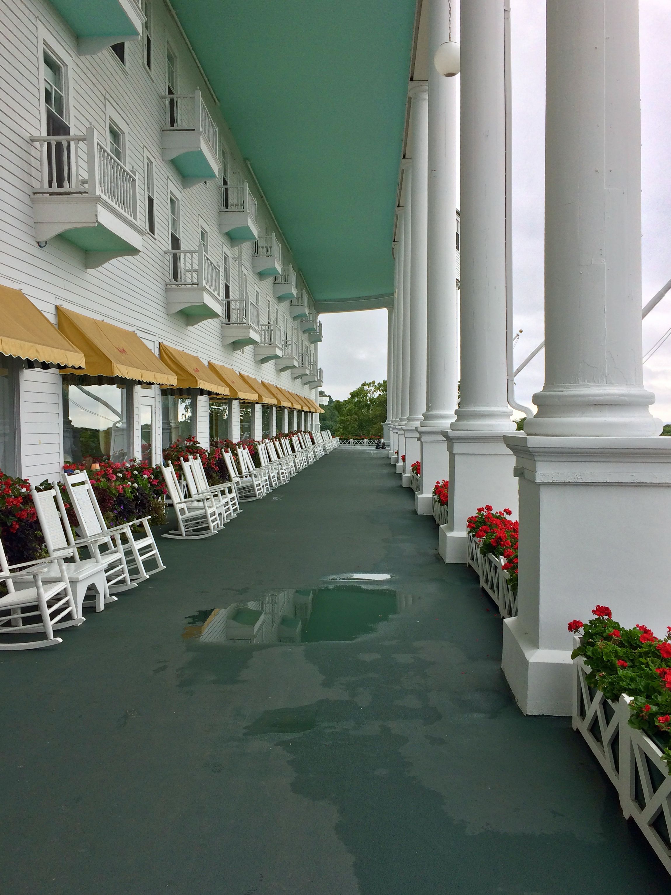 The famous long porch of the Grand Hotel on Mackinac Island.