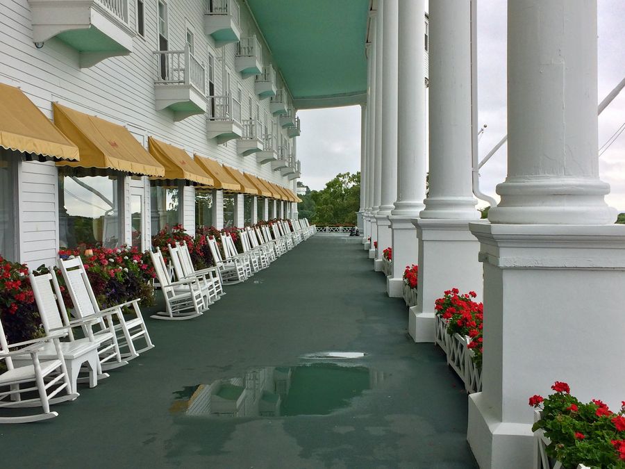 The famous long porch of the Grand Hotel on Mackinac Island.