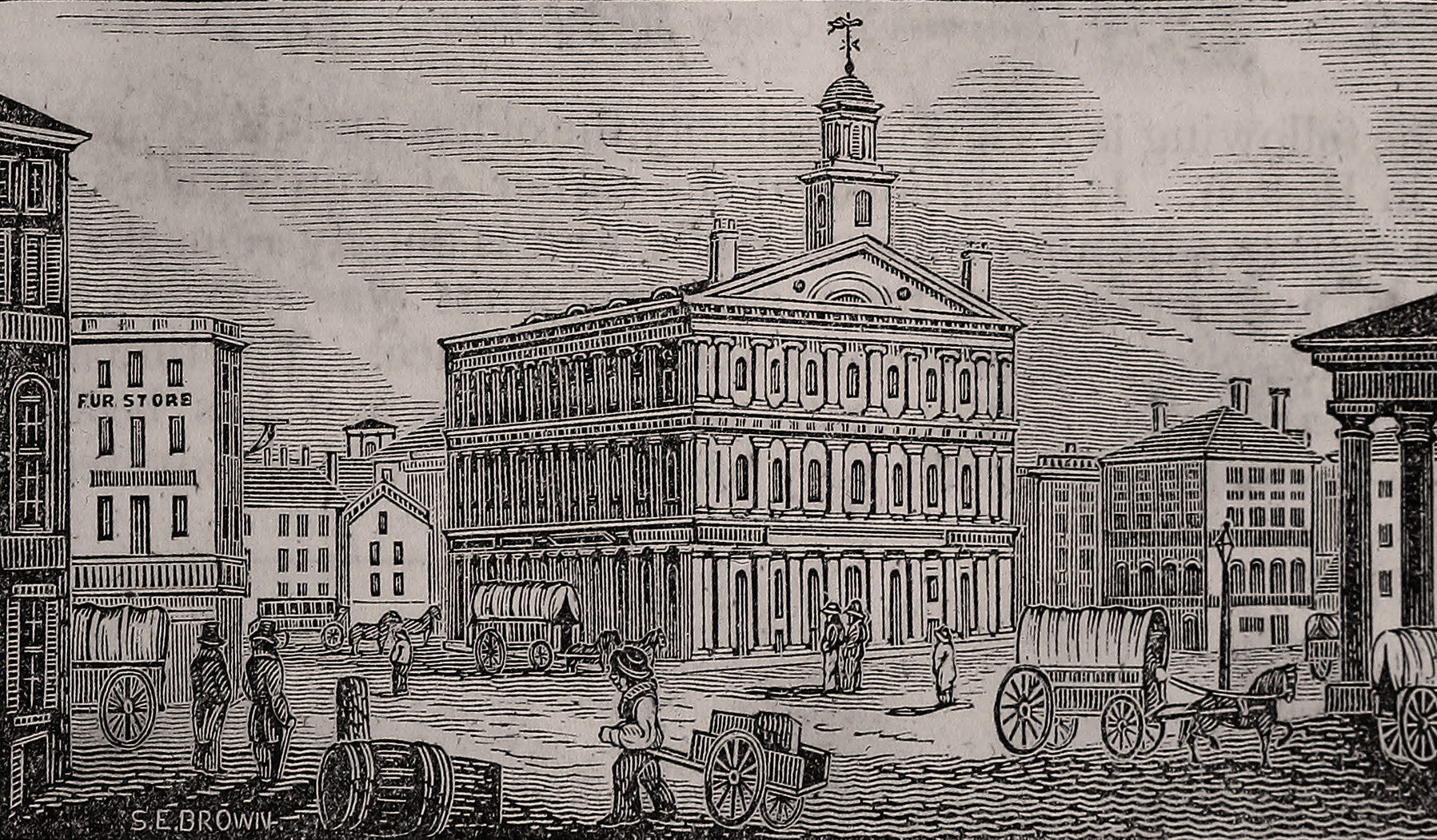 An 1839 print of Faneuil Hall in Boston.