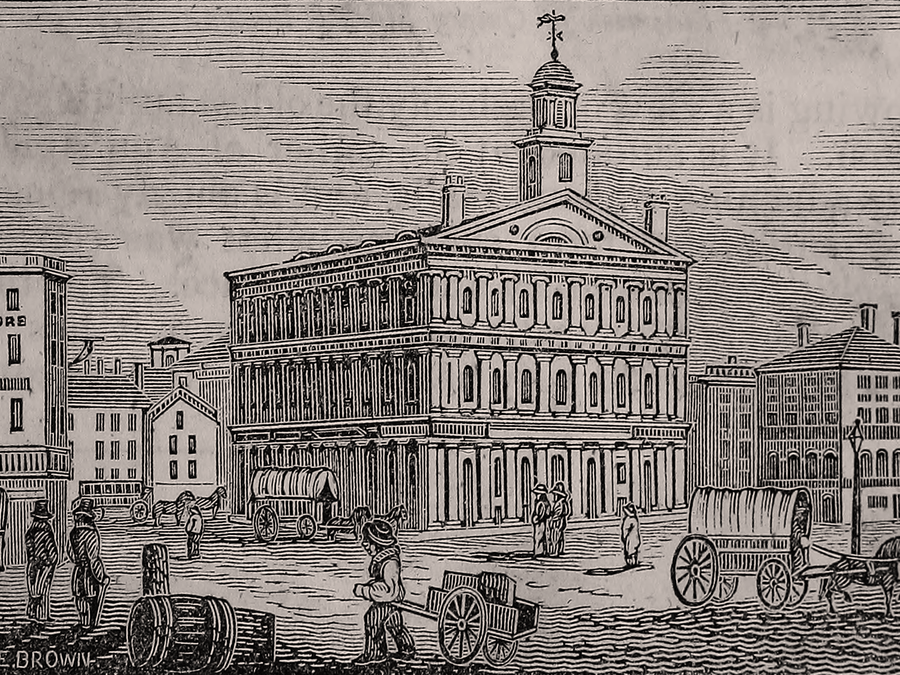 An 1839 print of Faneuil Hall in Boston.