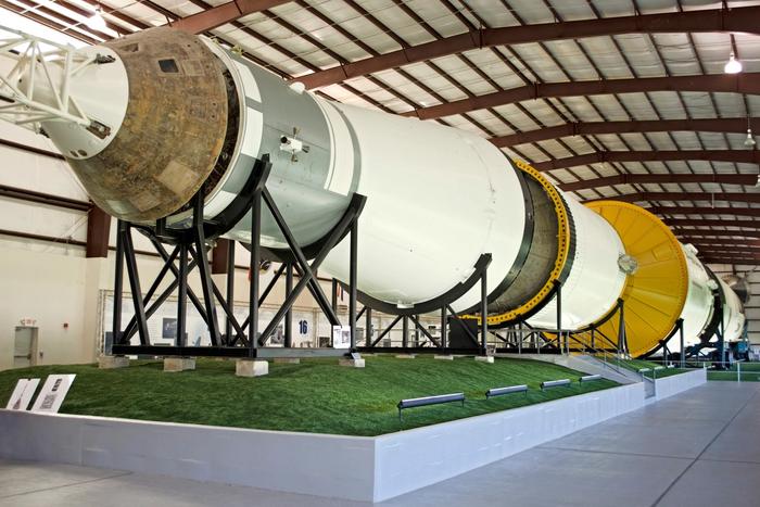 The Saturn V rocket on display at Space Center Houston.