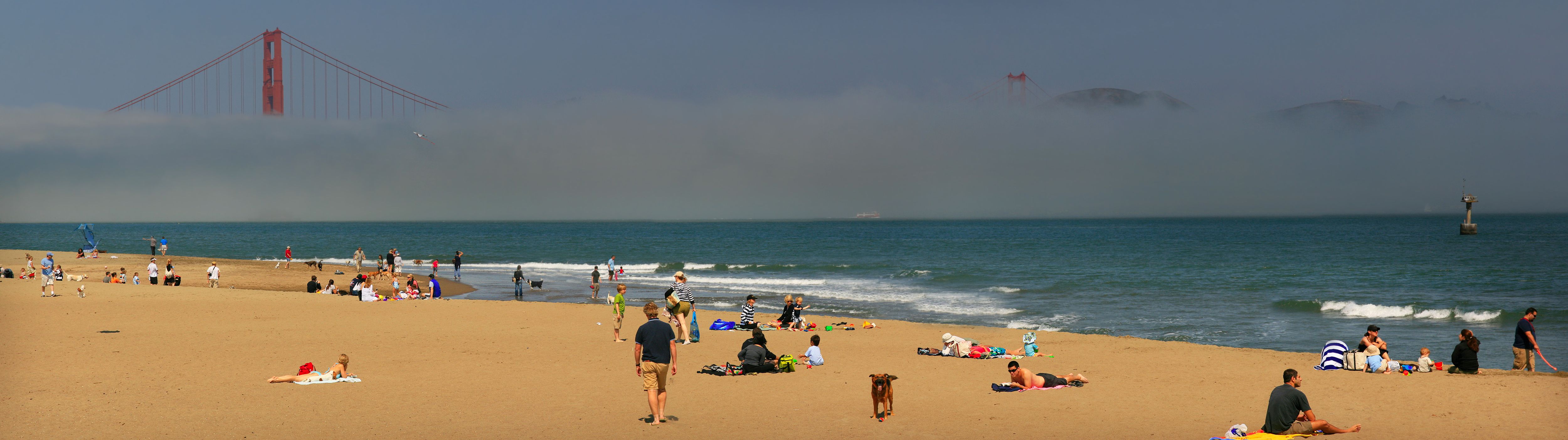 Crissy Field beach on San Francisco Bay with the Golden Gate Bridge.
