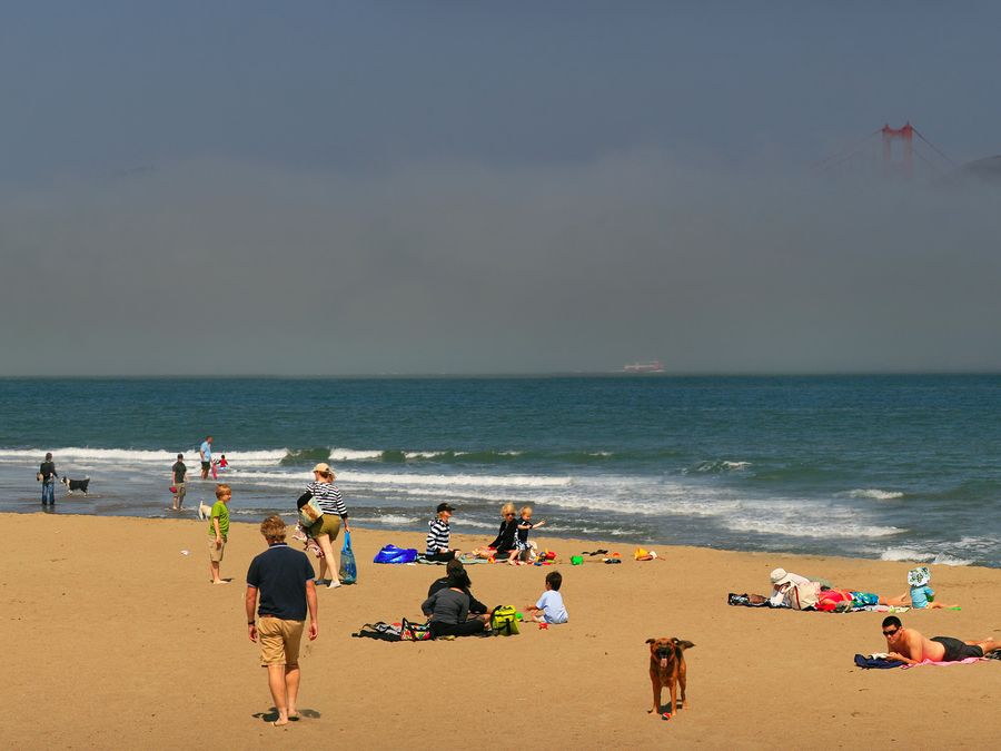 Crissy Field beach on San Francisco Bay with the Golden Gate Bridge.