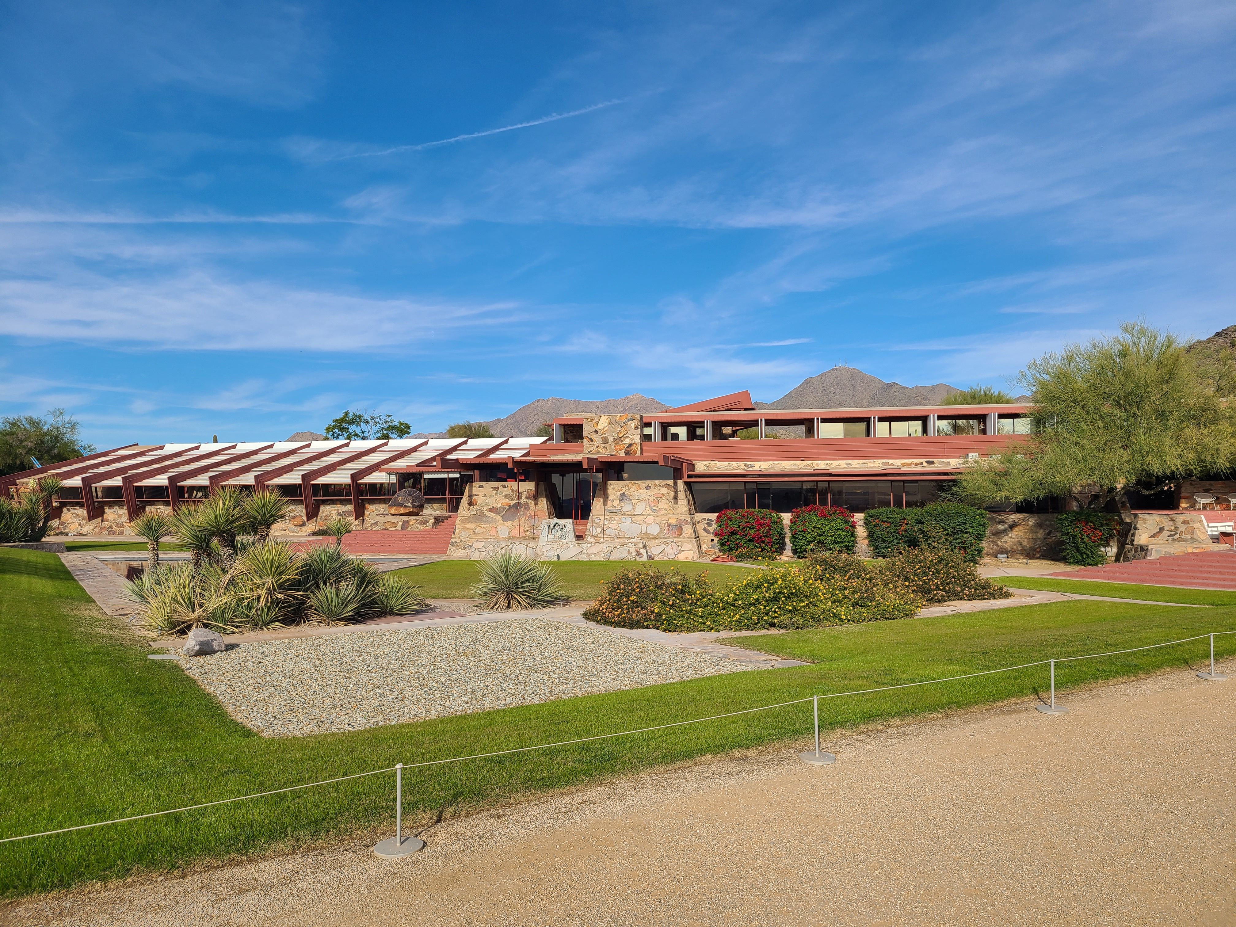 The desert-masonry exterior of Taliesin West near Scottsdale, Arizona.