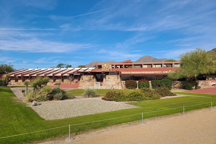 The desert-masonry exterior of Taliesin West near Scottsdale, Arizona.