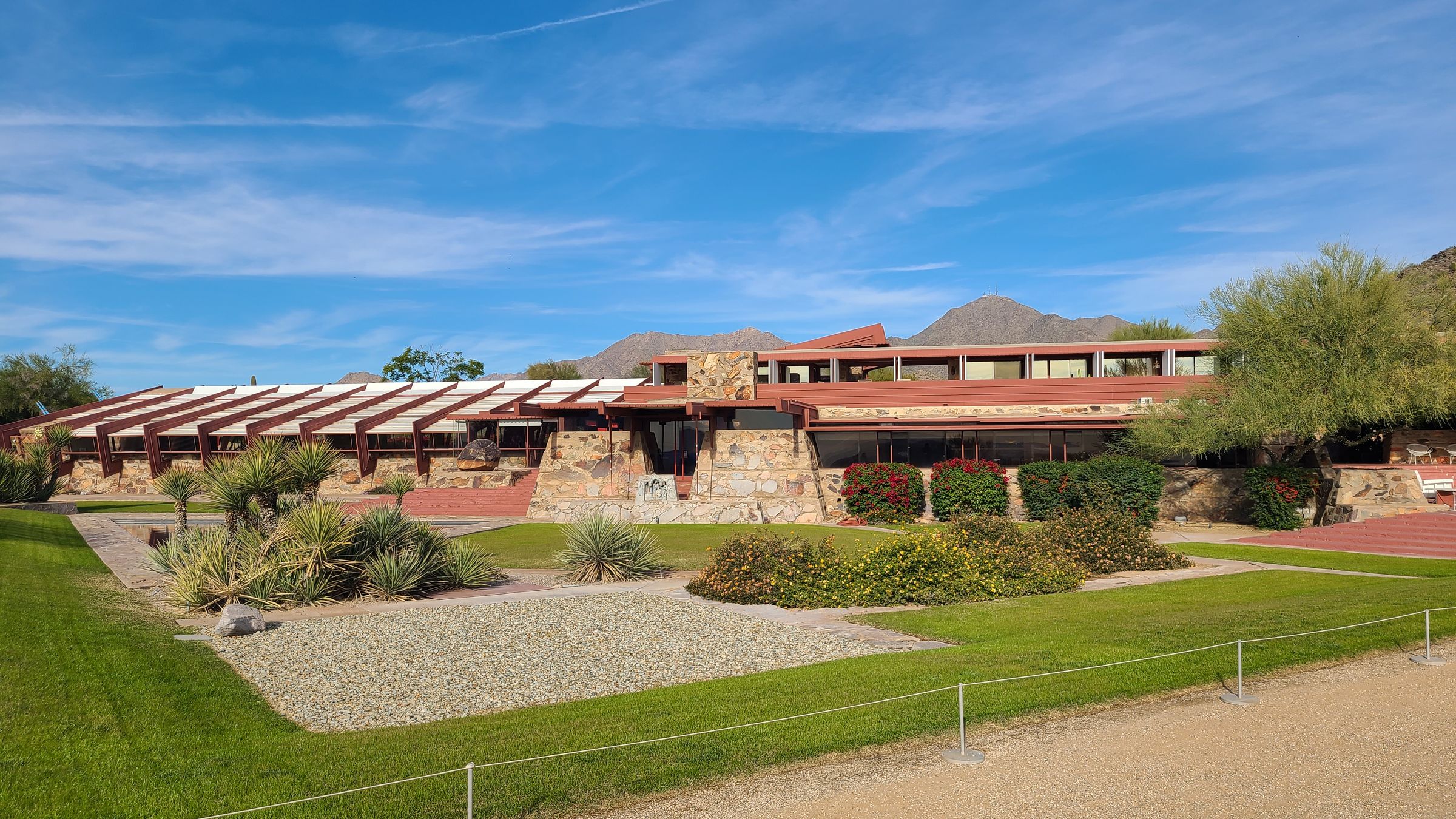 The desert-masonry exterior of Taliesin West near Scottsdale, Arizona.