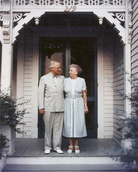 President Harry S. Truman and Bess Truman on the porch of their Independence, Missouri home.