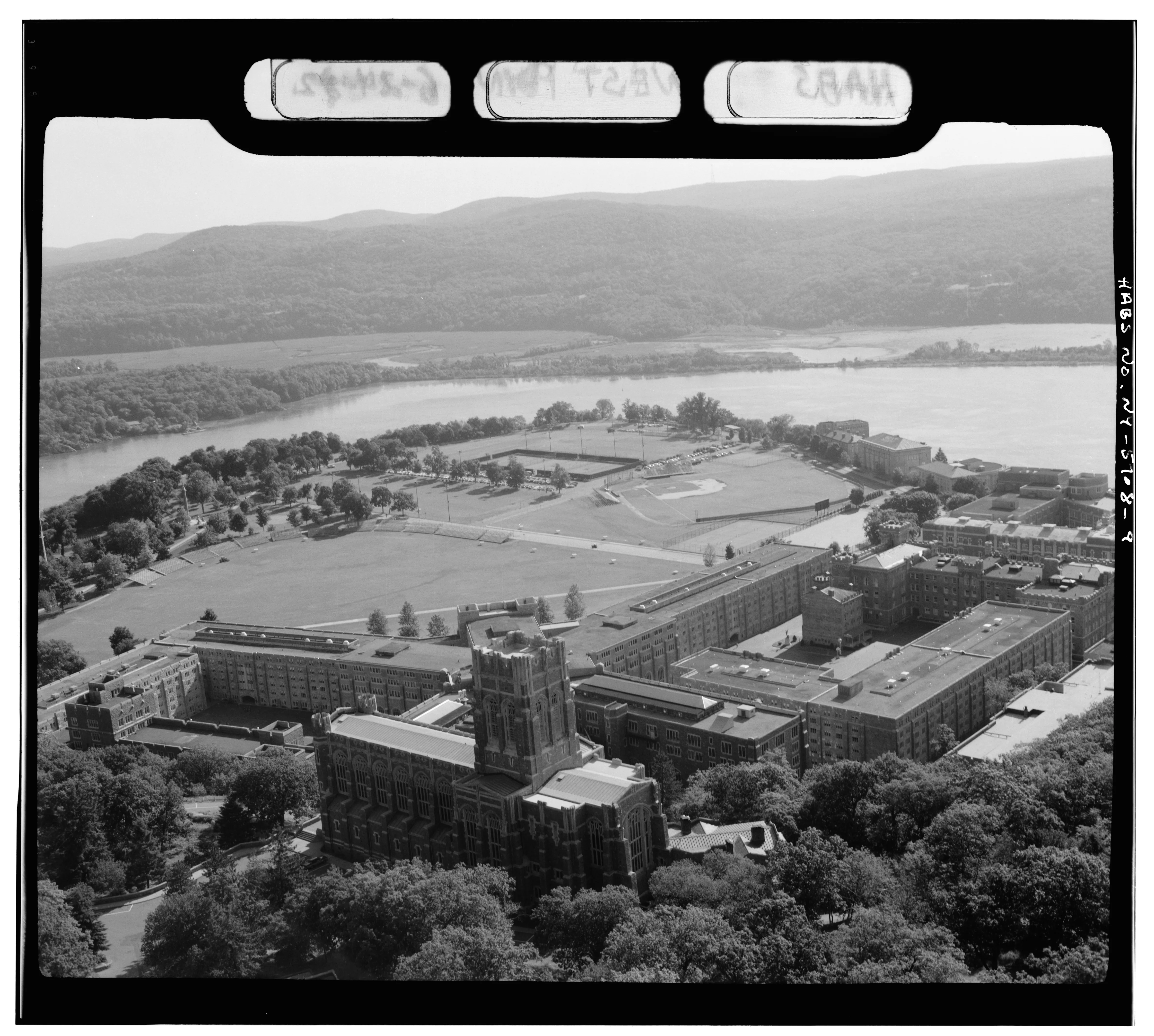 An aerial documentation photograph of West Point's parade ground and Cadet Chapel.