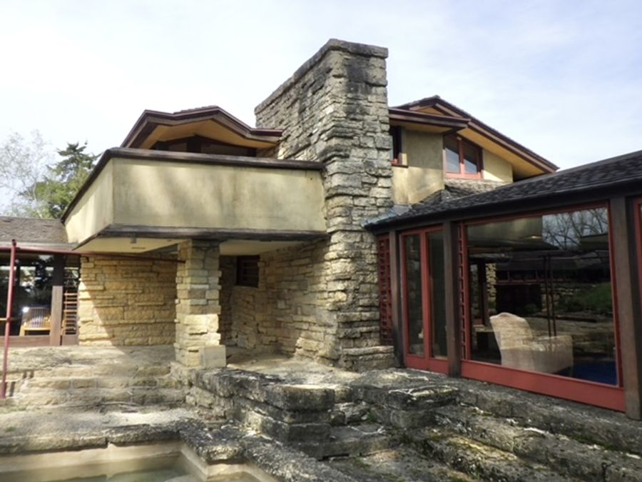 Another exterior view of Taliesin's stone and wood construction.