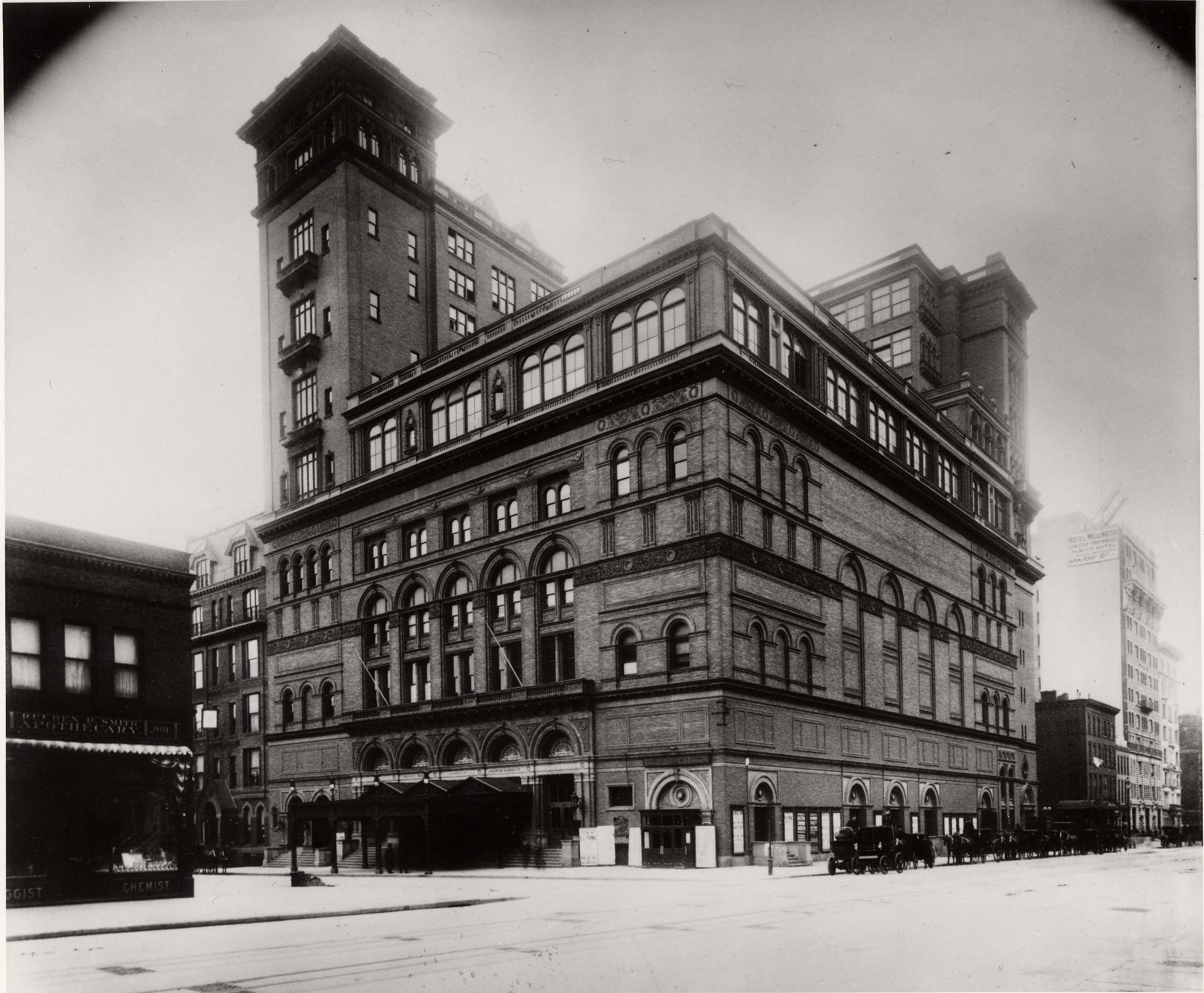 An 1899 photograph of the exterior of Carnegie Hall in New York.