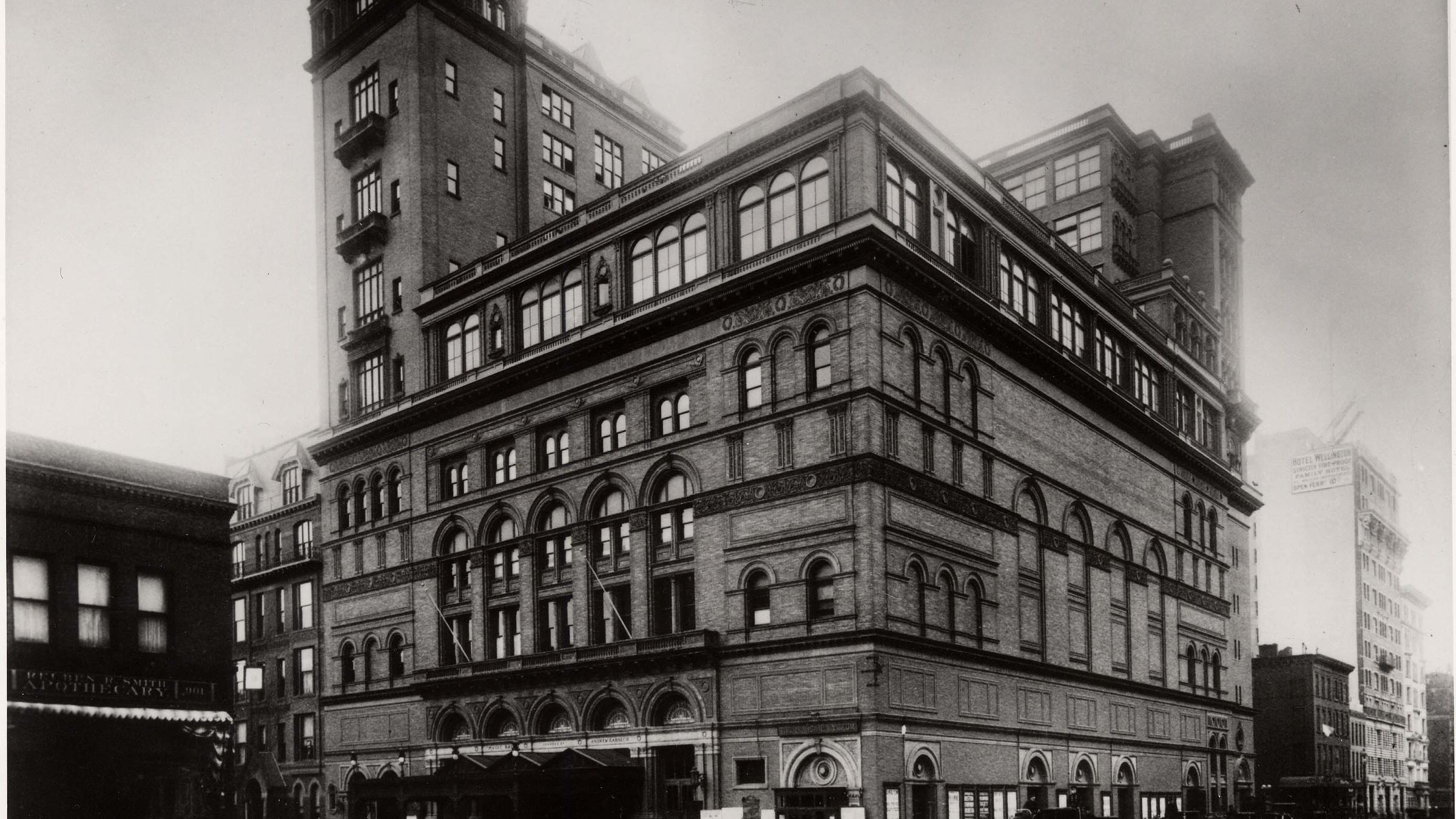 An 1899 photograph of the exterior of Carnegie Hall in New York.