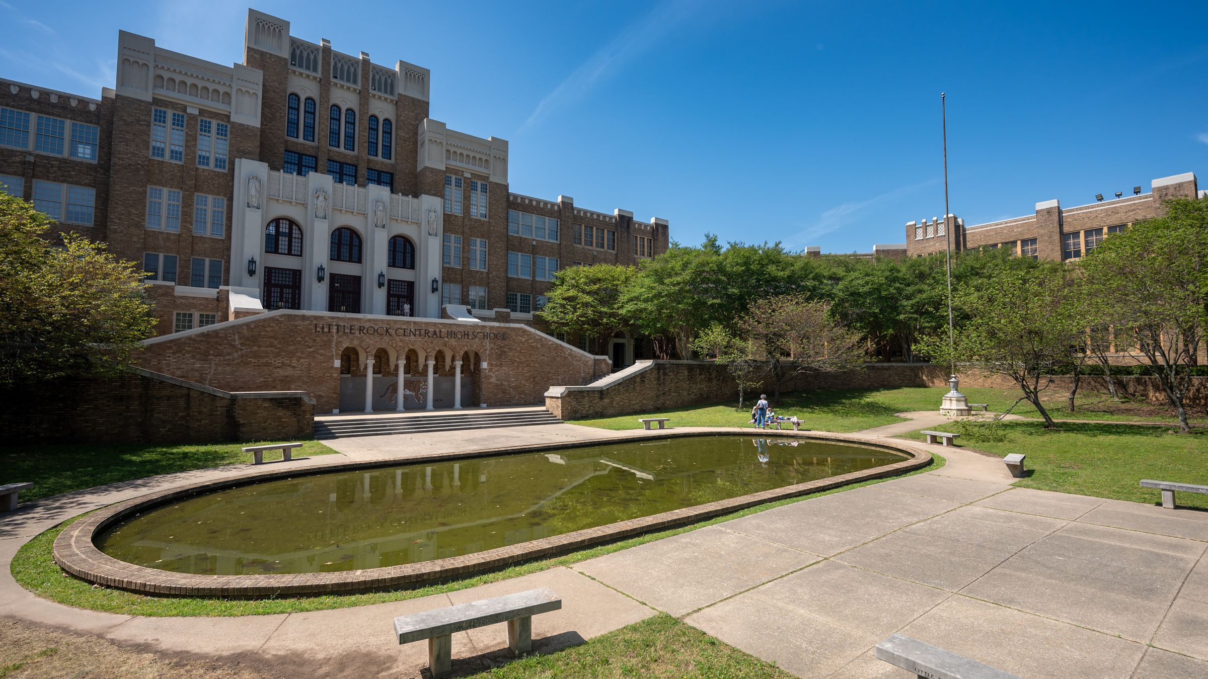 The Collegiate Gothic facade of Little Rock Central High School.