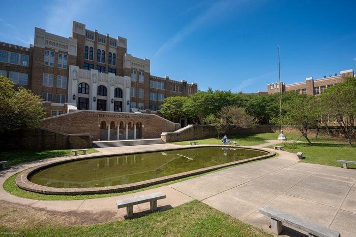 The Collegiate Gothic facade of Little Rock Central High School.