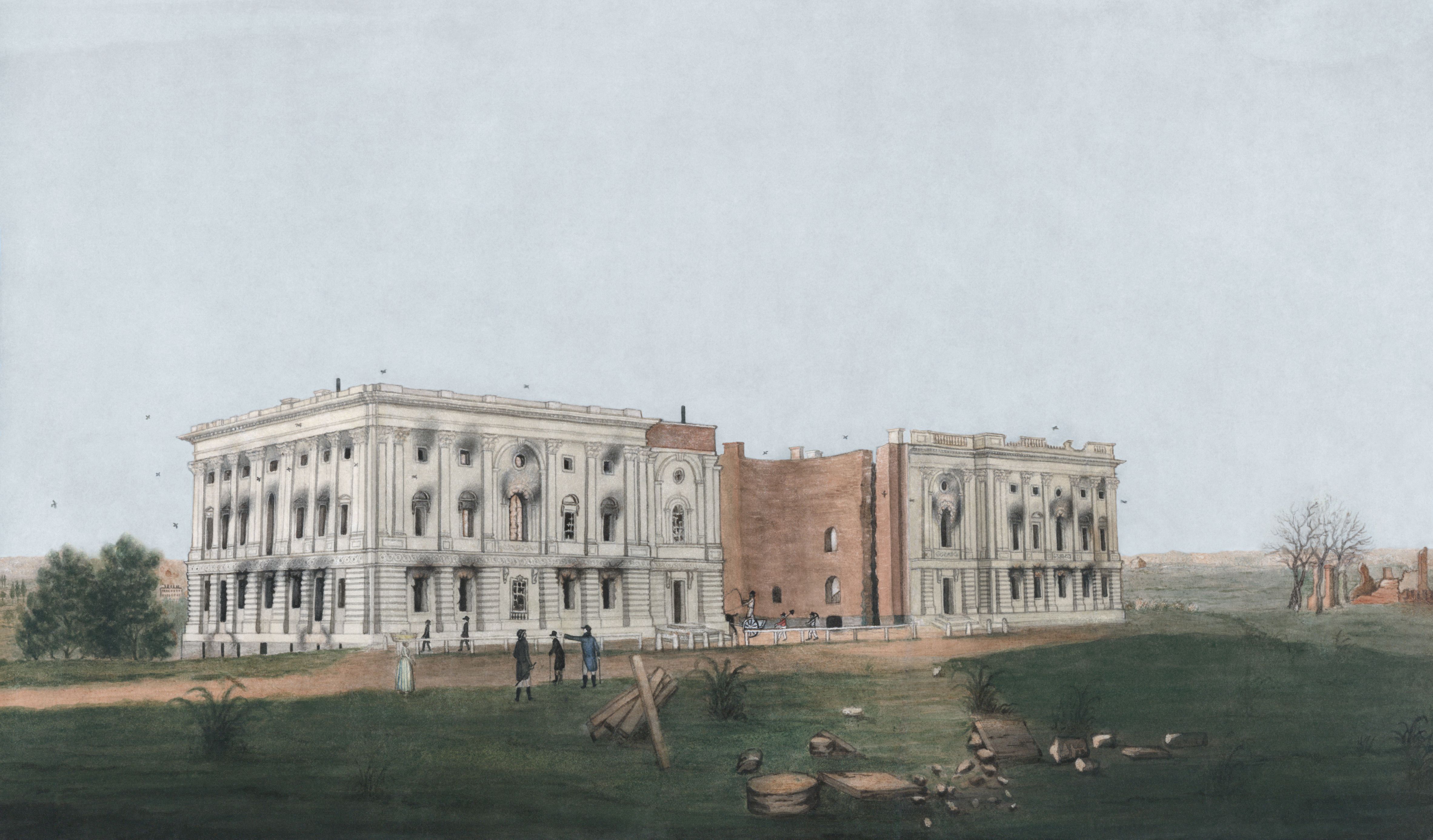An 1814 drawing of the Capitol in ruins after the British burned it.