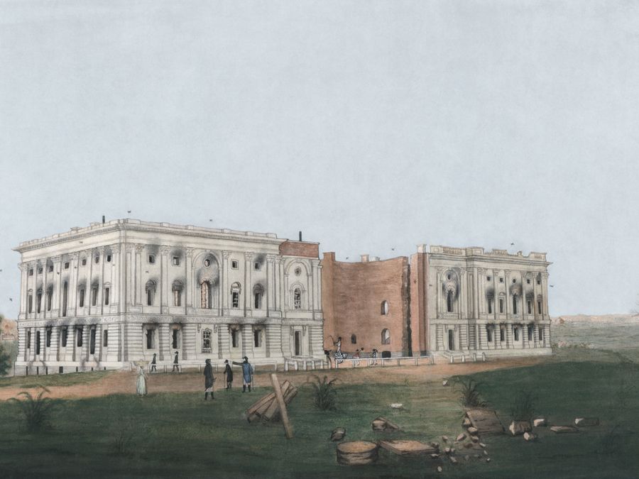 An 1814 drawing of the Capitol in ruins after the British burned it.