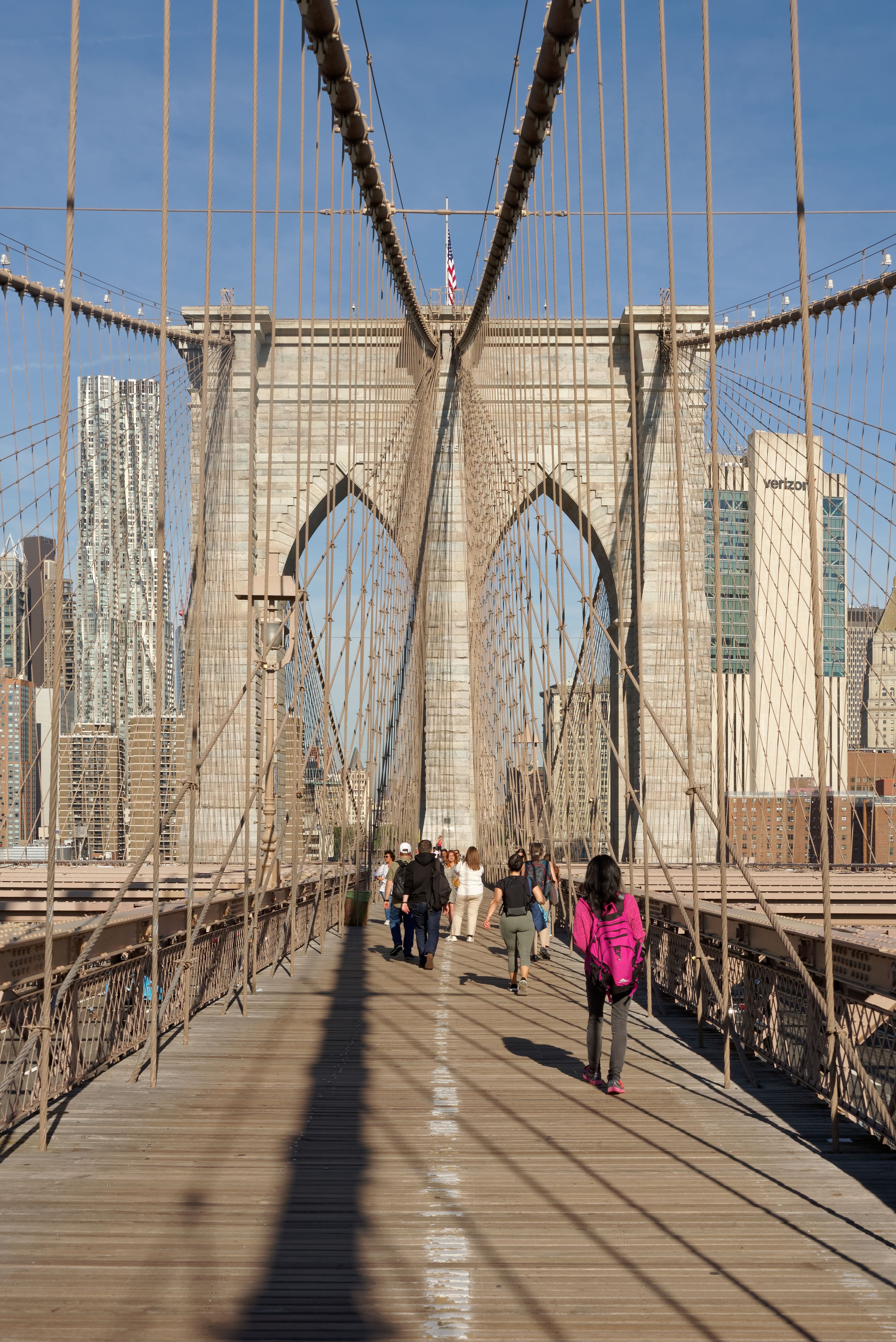 The elevated pedestrian promenade of the Brooklyn Bridge.
